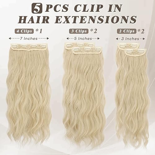 Miniatura 2 de BARSDAR Extensiones de cabello con clip, extensiones de cabello rubio ondulado de 18 pulgadas con clip para mujer, 5 piezas gruesas, naturales,
