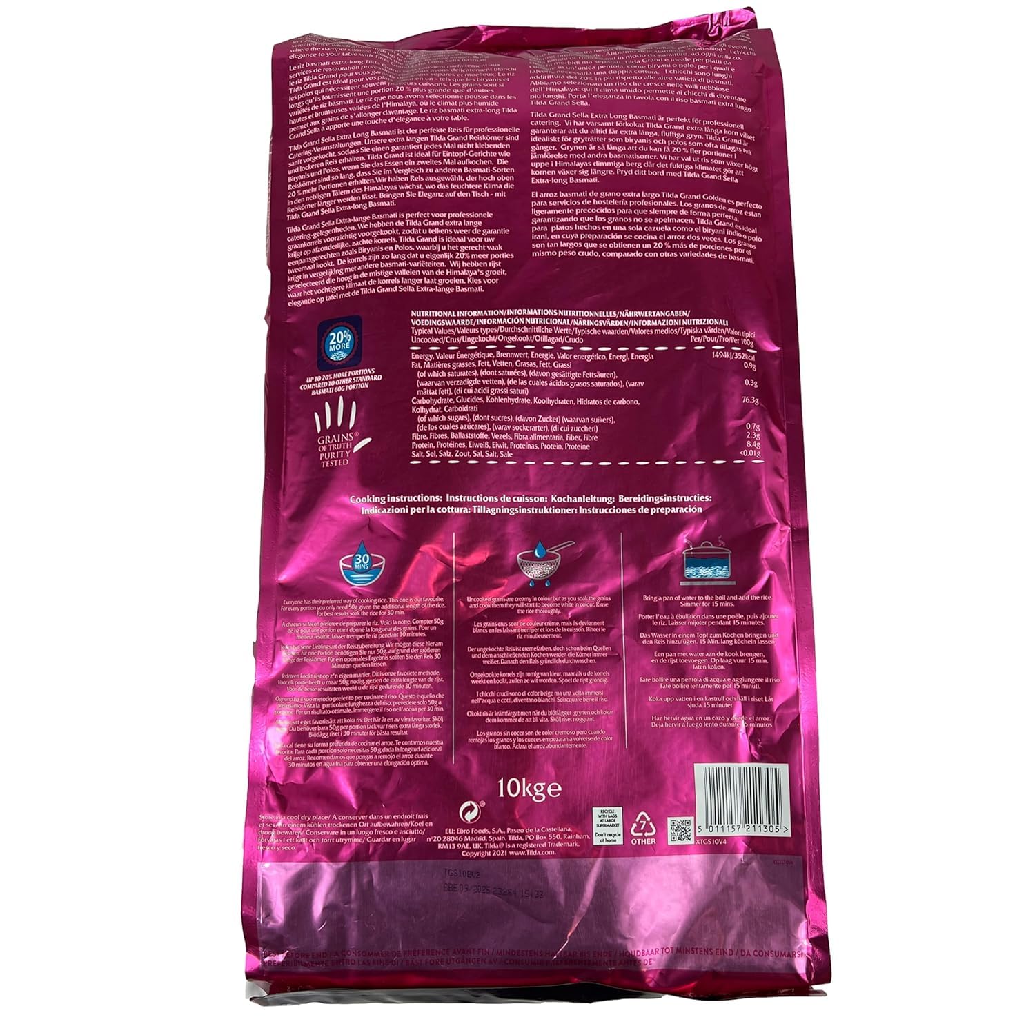 Tilda Grand Basmati Reis 10kg Extra Lang Golden Sella, Parboiled Reis, Extralange Körner, Perfekt für Asiatische Gerichte, Aromatischer Duft, Hohe Qualität, Herkunft aus Indien