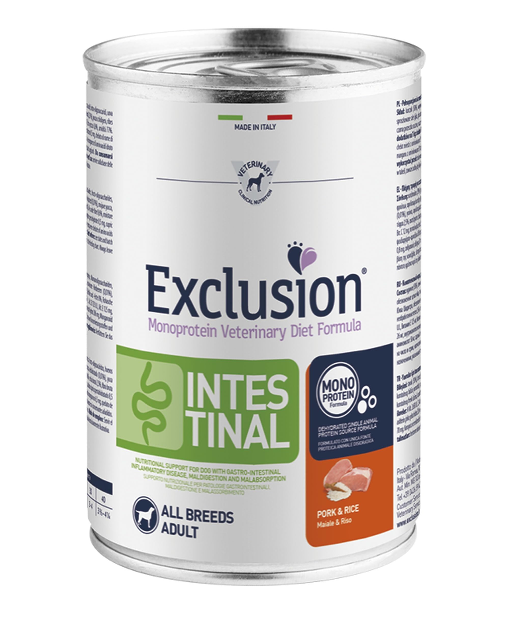 Exclusion Intestinal Maiale e Riso Confezione 6x400g Umido Cane Monoproteico