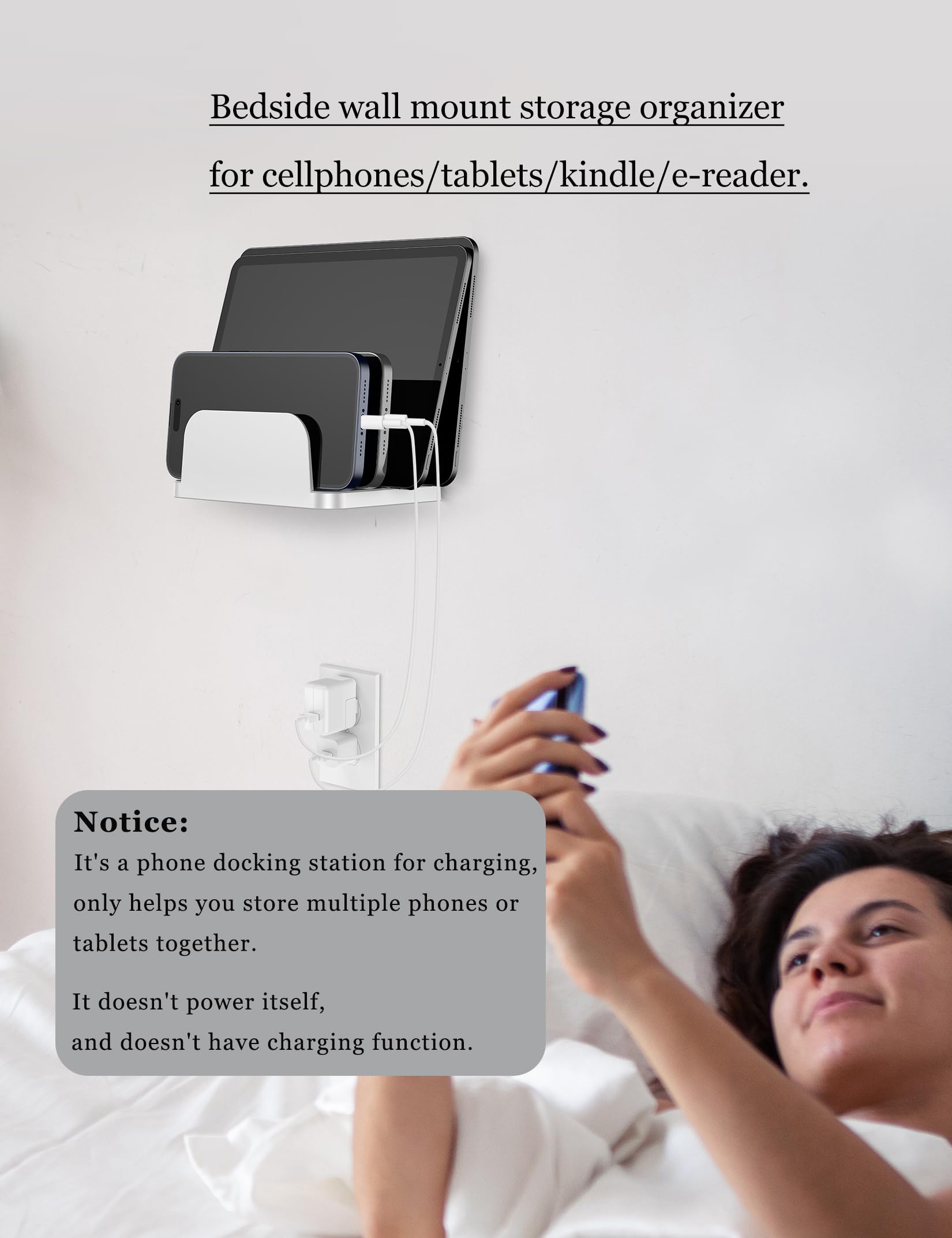 Soporte de pared para teléfonos inteligentes y tabletas, estante para teléfono con estación de acoplamiento de 4 ranuras para tablet, iPad, organizador de carga de pared Kindle (blanco)