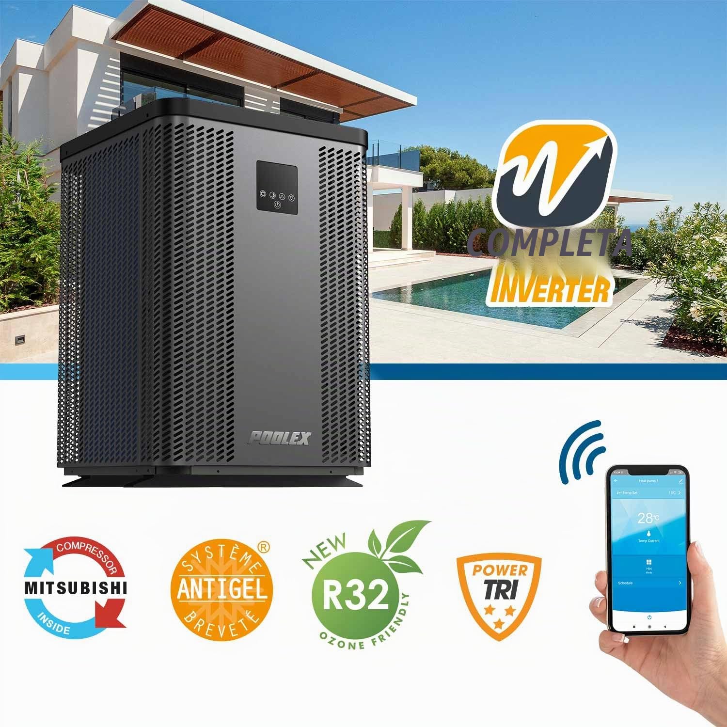 POOLEX, PC-TOP150T Silverline Top, Pompa di calore verticale monofase piscina 90-120 m³, Full Inverter, Riscalda e Raffredda, Design Premium e Duraturo, Compatibile con trattamento al sale