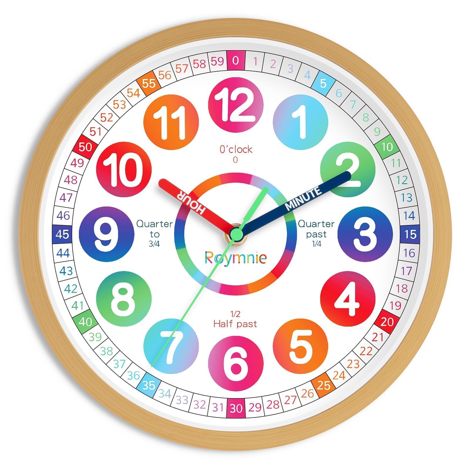 Roymnie Lernuhr für Kinder, die Zeit ablesen, leicht zu lehren, leise, nicht tickend, batteriebetrieben, bunte Lehruhr, dekorativ für Kinderzimmer, Klassenzimmer, Schule, Spielzimmer (20,3 cm)