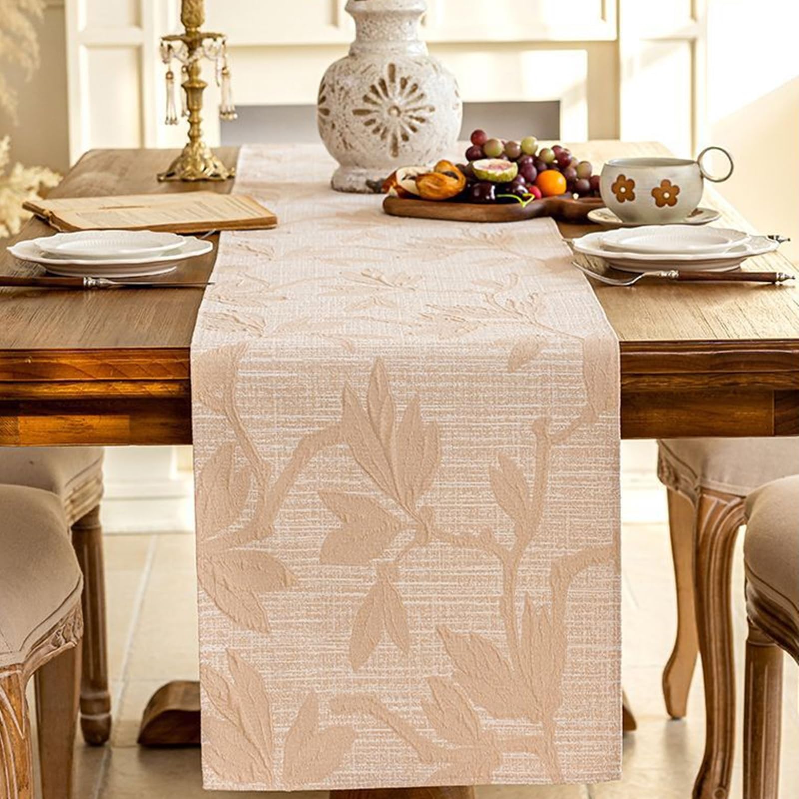 Tischläufer Polyester Landhausstil, Tischläufer Modern 35x270 cm, mit Blättermuster