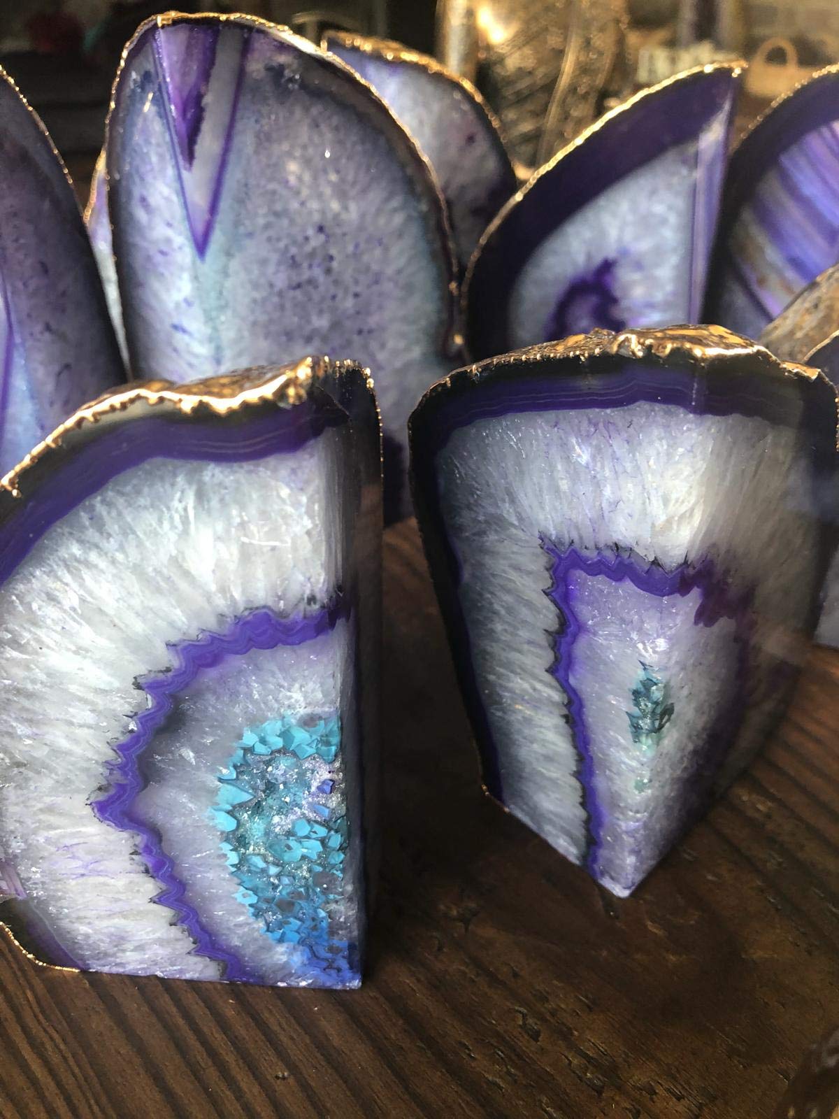 Purple Agate 24ct Gold Edge Microcrystalline Quartz Premium Bookends Ornament Gift