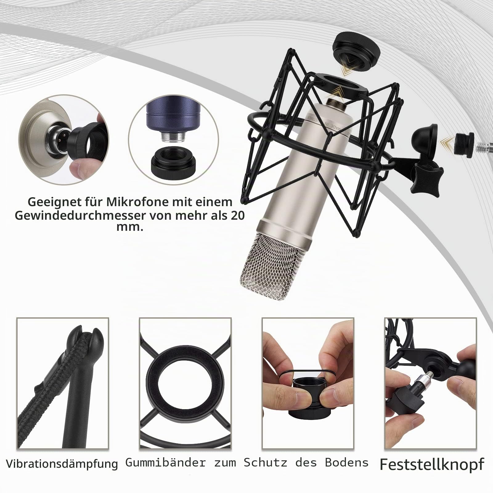 Geekria For Creators Mikrofon-Stoßdämpferhalterung, kompatibel mit Rode NT-USB, NT1-A, NT2-A, NT1000, NT2000, Procaster, K2, Mikrofon-Anti-Vibrations-Adapter, Mikrofonhalter-Clip (Schwarz/Metall)