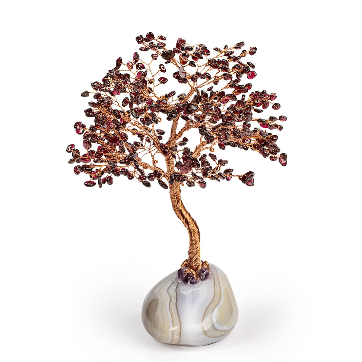 KARMA AND LUCK, Pursuit of Passion, Real Garnet Crystal Feng Shui Tree Home Decor, Wrapped in Copper Wire on Agate Base, Made in Bali, Medium 8"