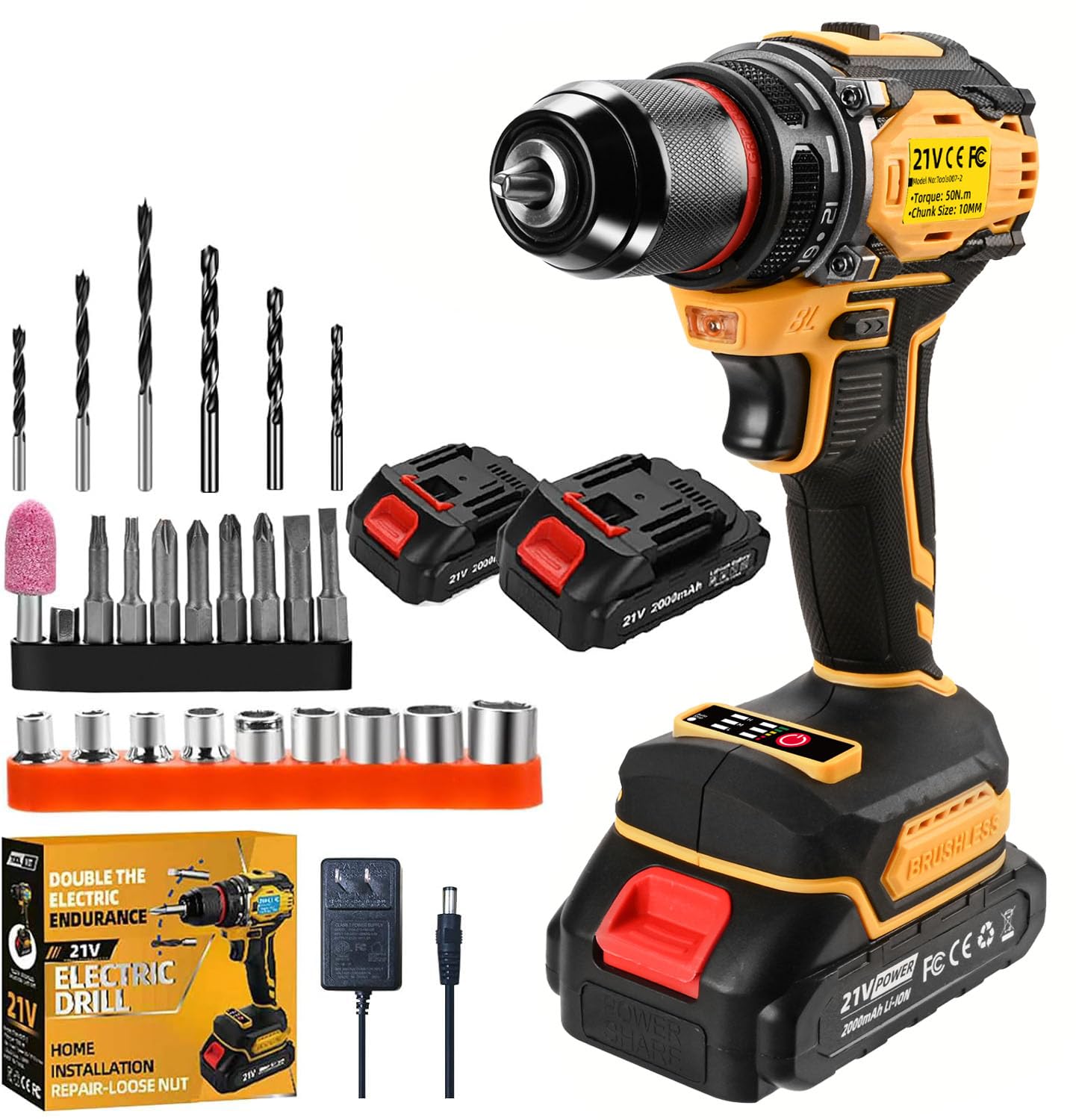 21V Cordless Power Drill/Driver Set, 2 Variable Speeds with LED Light, 3/8" Keyless Chuck, 2 Batteries & Charger, 28-Piece Kit for Home Use(Yellow)