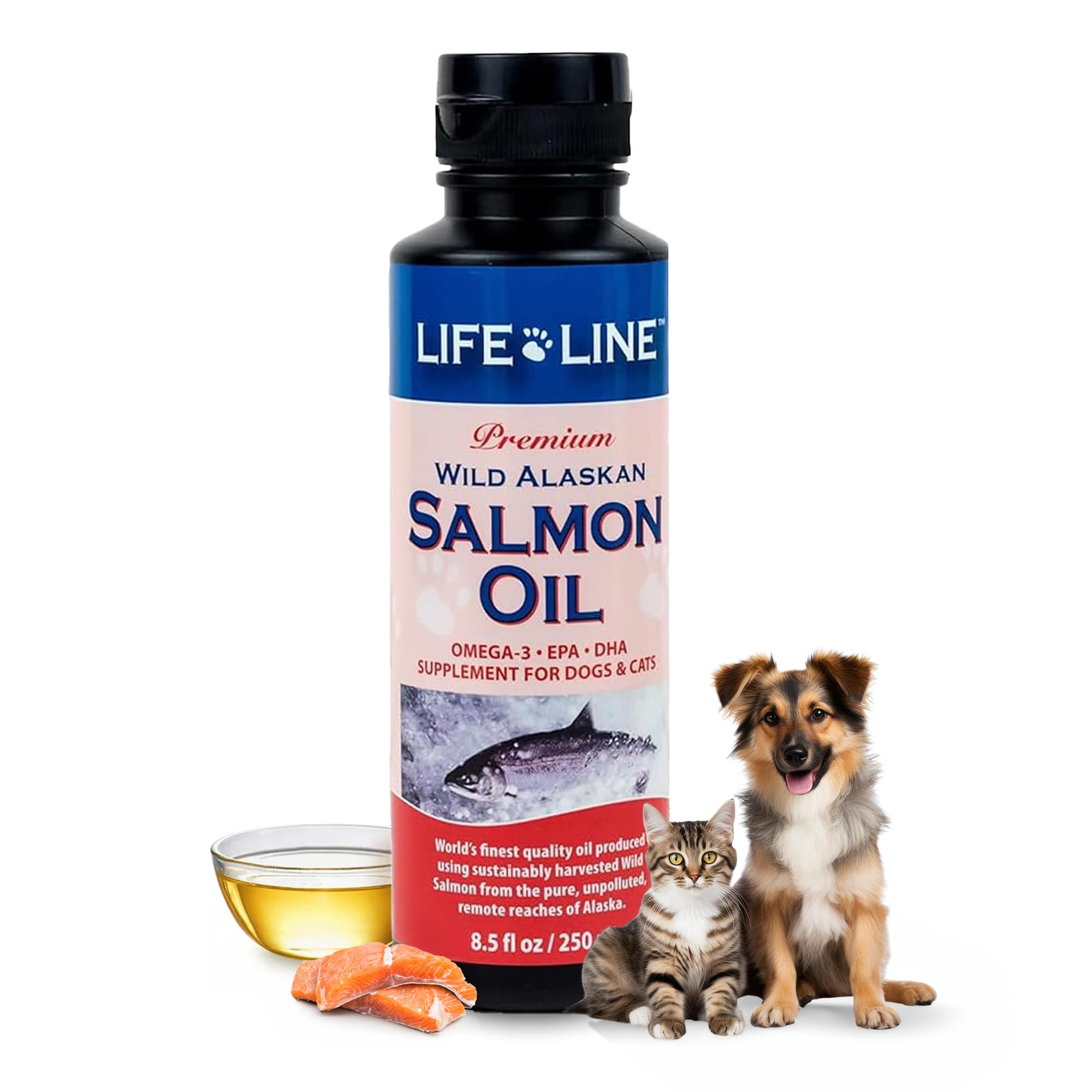 Life Line Wild Alaskan Salmon Oil for Dogs & Cats | Omega-3 Fish Oil with DHA & EPA | Skin & Coat Support | Brain, Heart & Eye Health – 8.5 oz
