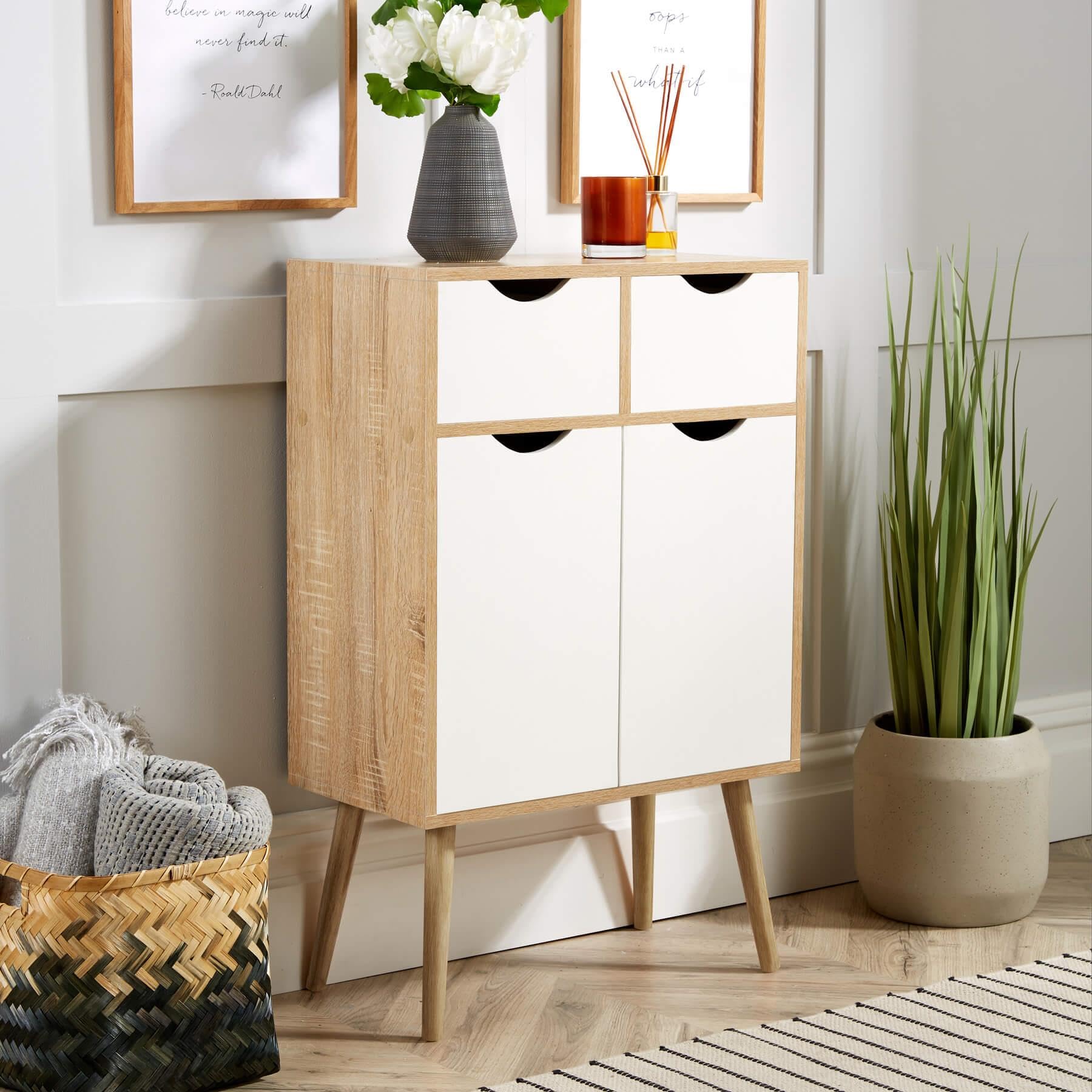 Home Source Sideboard Oak Storage Cabinet 2 Door 2 Drawer Cupboard Solid Wood Legs White