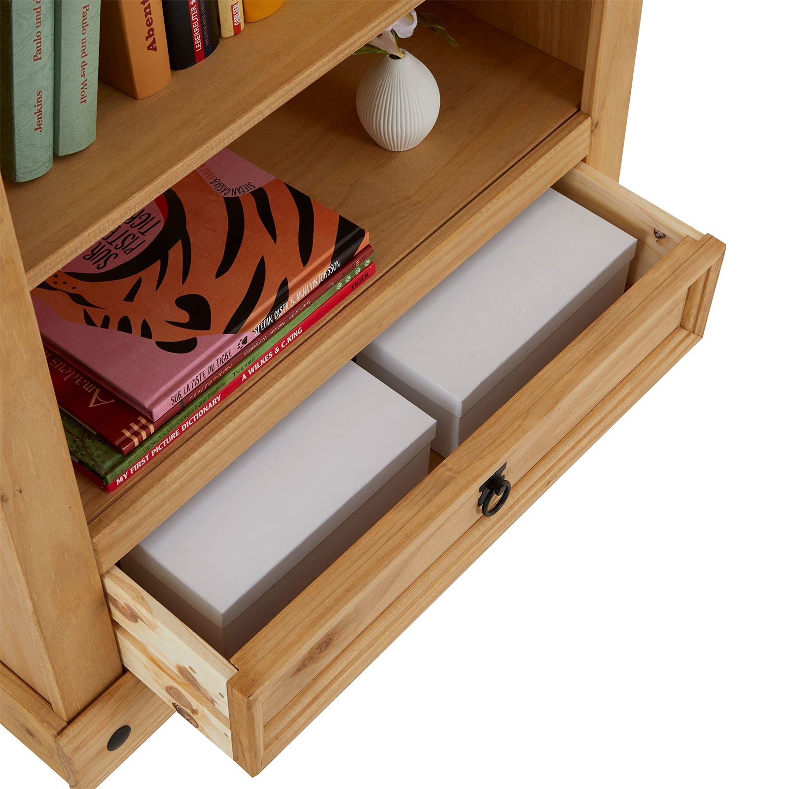 CARO-Möbel Regal Salsa Bücherschrank Bücherregal Mexiko-Stil, Kiefer massiv gebeizt, gewachst, 1 Schublade