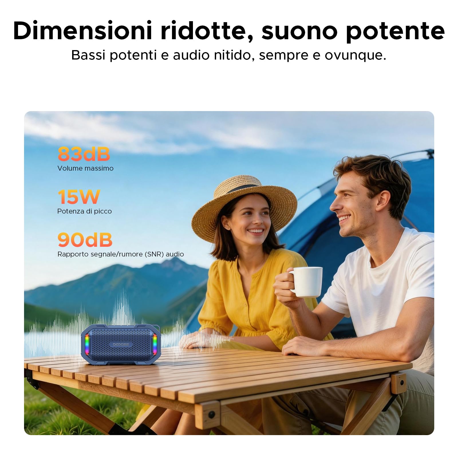 Cassa Potente Portatile con Luce RGB, IP67 Impermeabili Fissaggio Magnetico Altoparlante Wireless Portatile, 10W Resistente alla Polvere e all'acqua, 8 Ore, BT5.3, Accoppiamento Stereo TWS