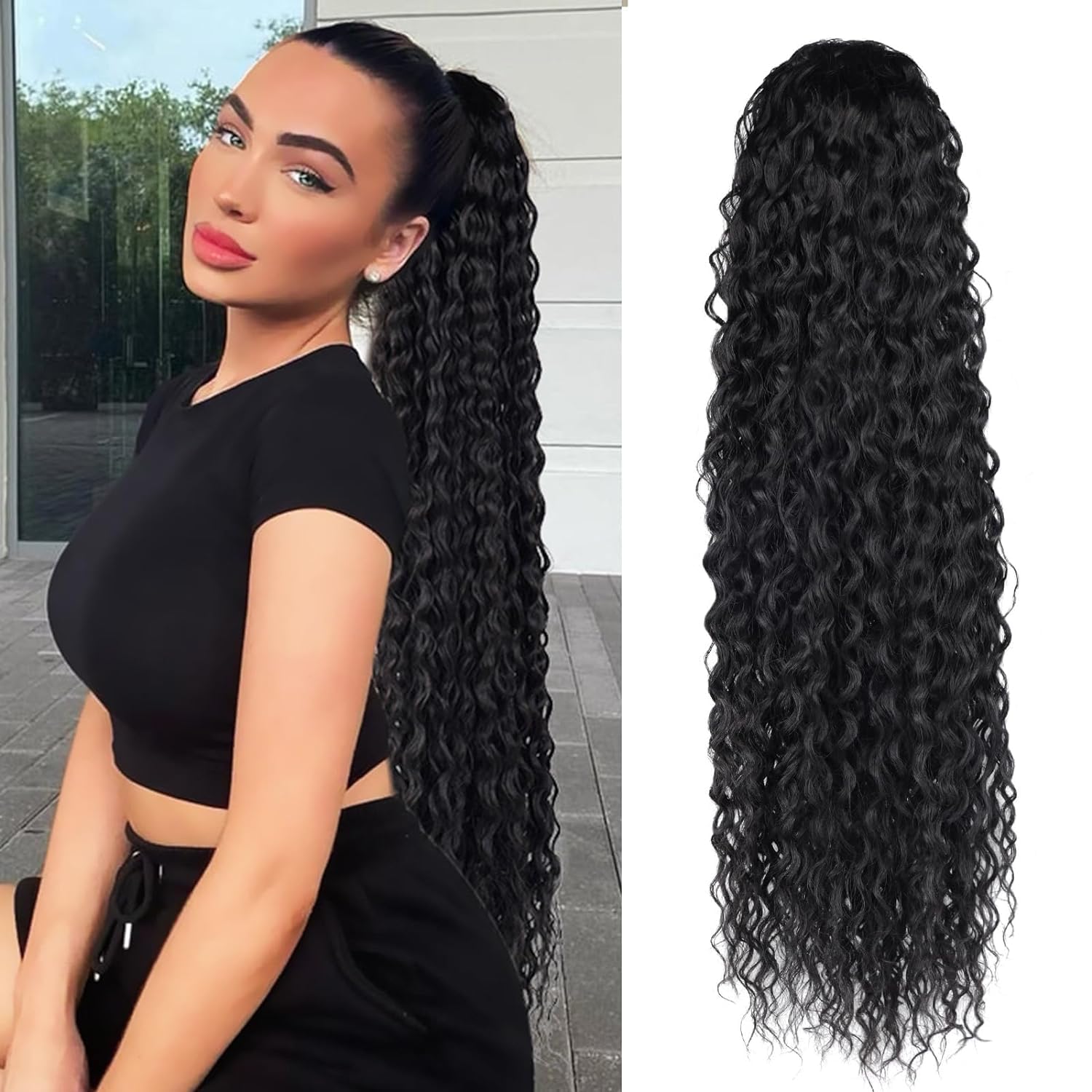 BEAUTY ON LINE Ponytail Extension Curly 30 inch Long Black Drawstring Ponytail Synthetic Clip in Ponytail Hair Extensions Curly Water Wave Clip in Hair Pieces for Women
