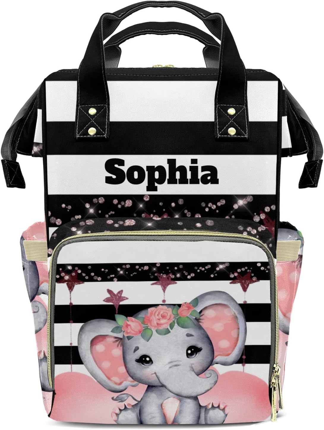 Elephant Polka Dot Blue Diaper Backpack with Name Custom Backpack Mommy Nappy Baby Bag Waterproof Casual Travel Daypack Tote Bag for Mom Dad