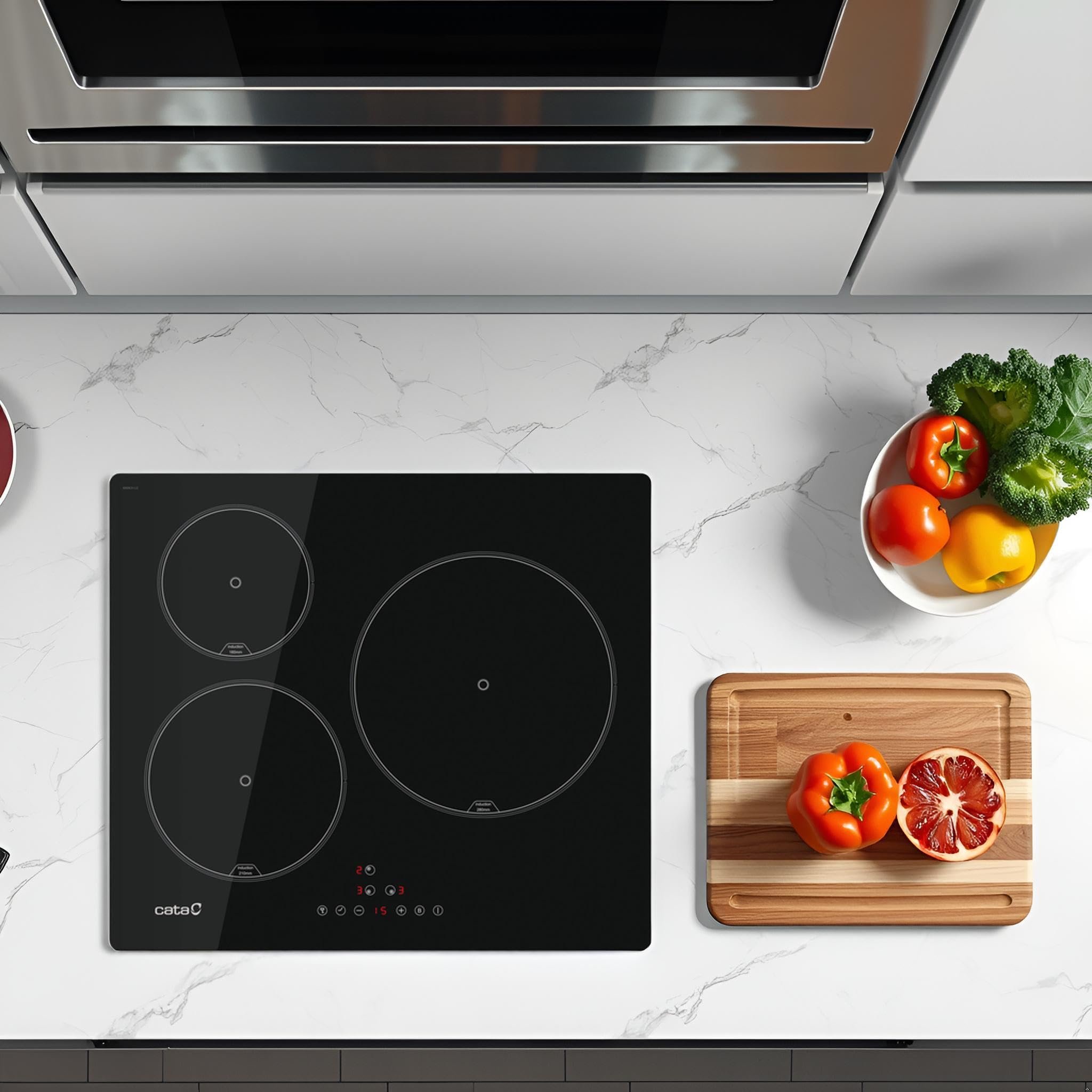 CATA Placa Inducción IB 6303 E2 BK, 3 Areas Cocción, Control Tactil, 9 Niveles Potencia Regulable, Bloqueo Seguridad, Temporizador, Color Negro