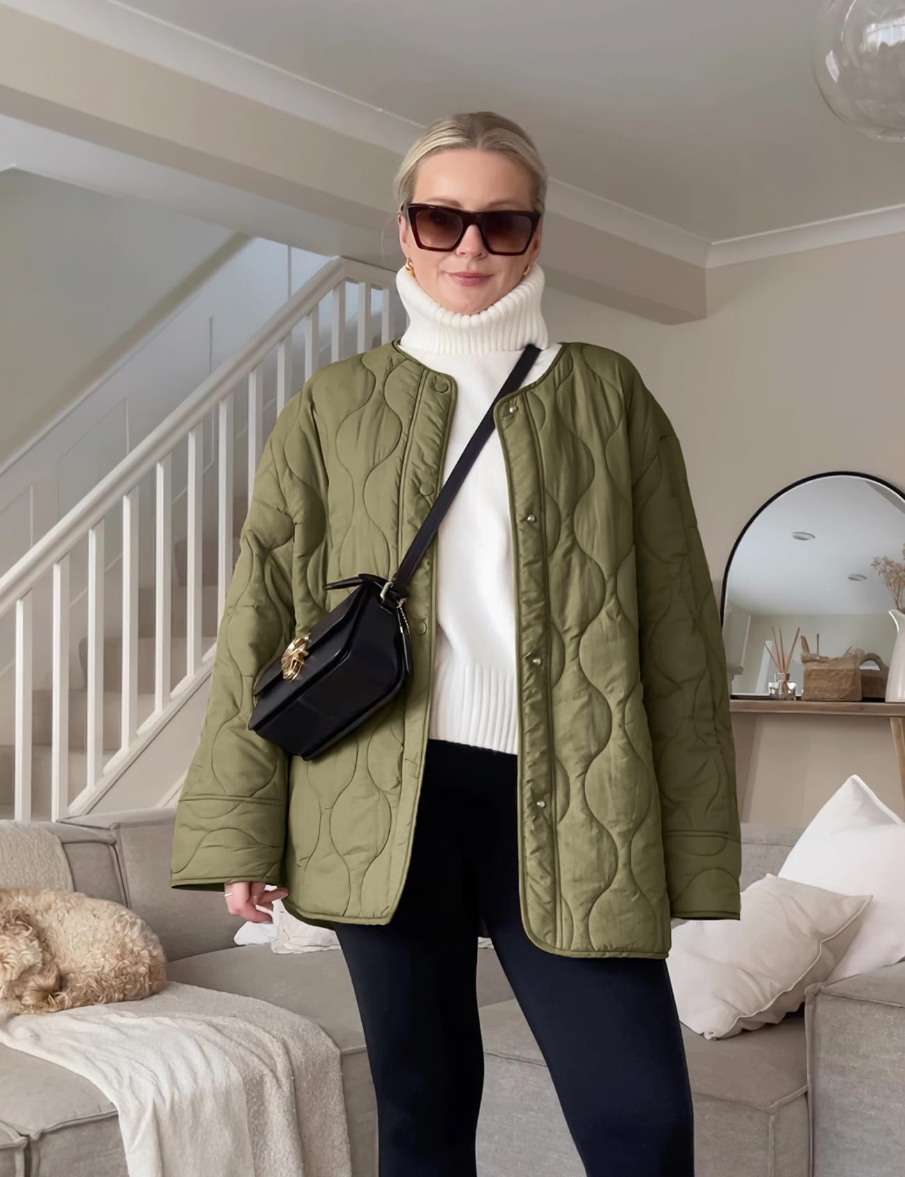 Women's Fall Winter Quilted Cotton Coat: Loose Fit Round Neck Casual Jacket, Solid Color Oversized Padded Outerwear for Trendy Daily Streetwear — view 2