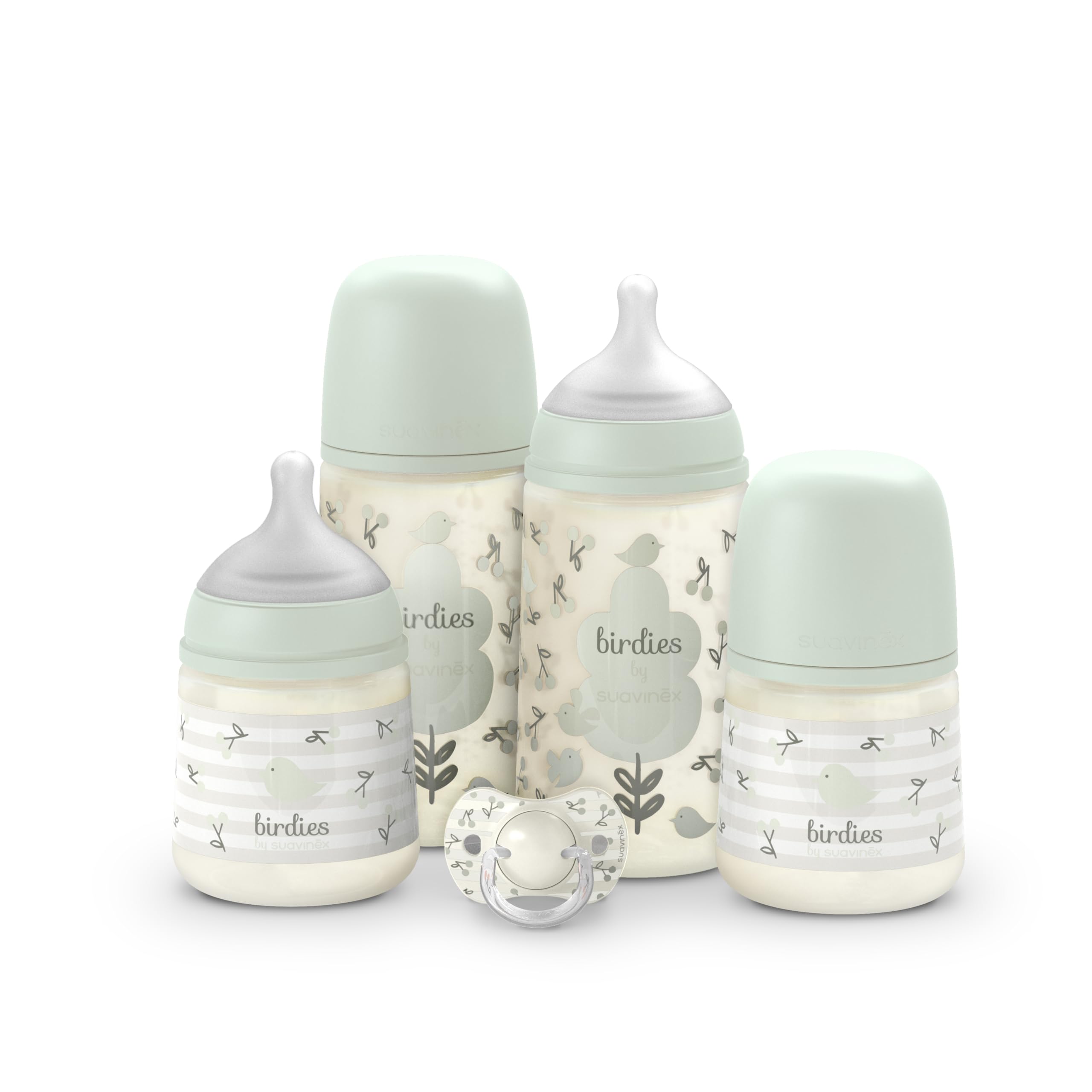 Suavinex, Set di Biberon per Neonati, Confezione Regalo: 2 Biberon da 270 ml + 2 Biberon da 150 ml + Ciuccio 0-6 Mesi, Tettarelle Fisiologiche SX Pro in Silicone, 5 Pz, +0M, Birdies Verde