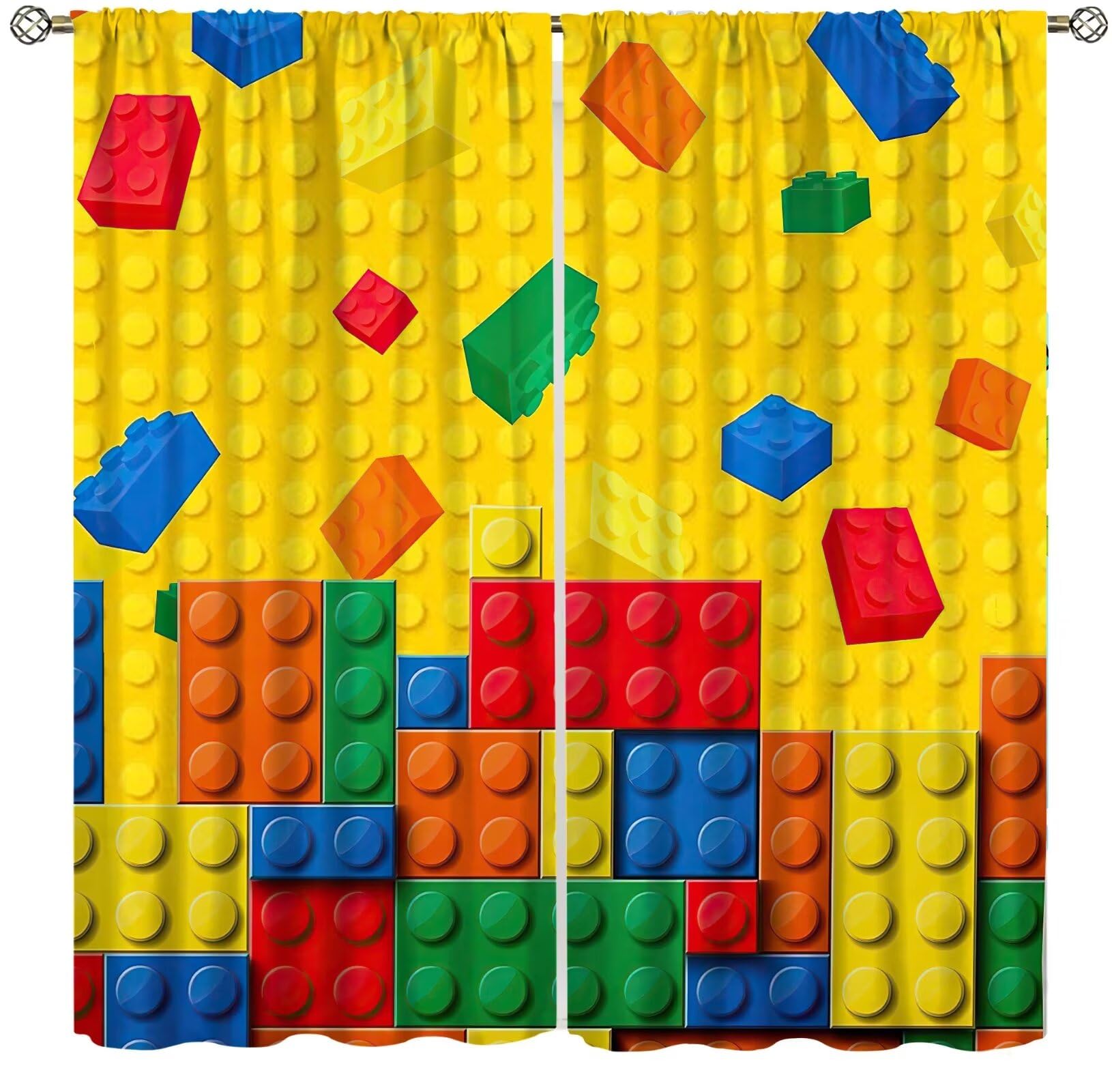 Kids Building Blocks Curtains，Boys Girls Teens Abstract Geometric Toy Curtains Toddlers Bedroom Playroom Blue Red Yellow Decor Window Drapes 2 Panel Set, 42"x45"Decor