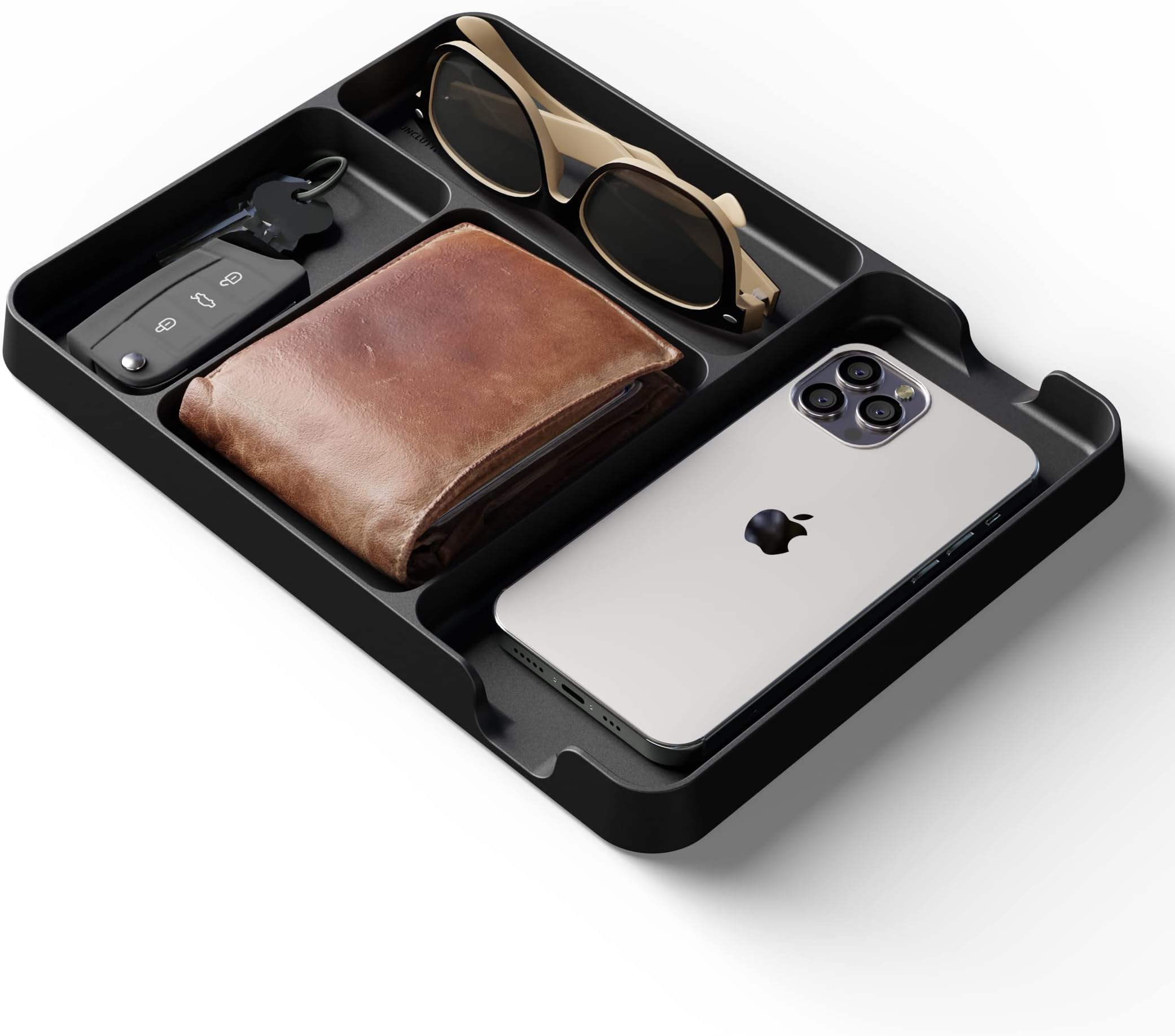 Valet Tray (Black) - Night Stand Organiser - Perfect Bedside, Dresser, Office & Bedroom Organization Tray - Bamboo Fiber Desk Top Storage for Wallet, Keys, Sunglasses & Phone Charging Station for Men