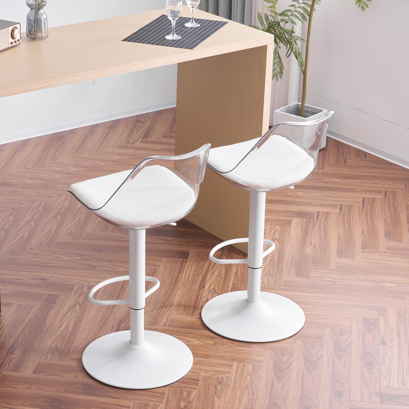 Lot de 4 tabourets de bar transparents réglables en hauteur, pivotants à 360°, avec dossier ergonomique et repose-pieds – Chaises hautes modernes pour cuisine, salle à manger et bar (Blanc)