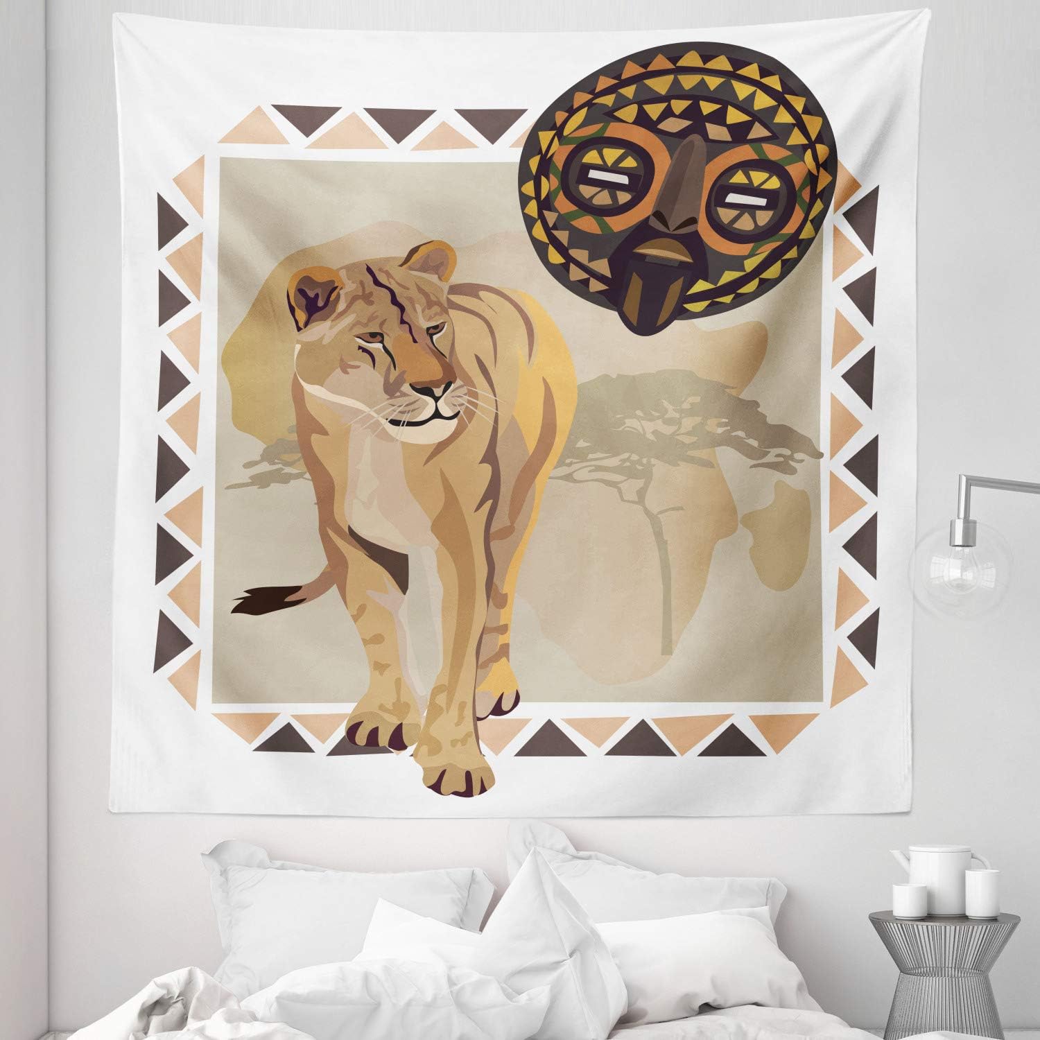 Lunarable Savannah Tapestry King Size, Tiger with Ethnic Patterns Wild Nature Art Folkloric Style Illustration, Wall Hanging Bedspread Bed Cover Wall Decor, 88" X 88", Cream Beige Brown