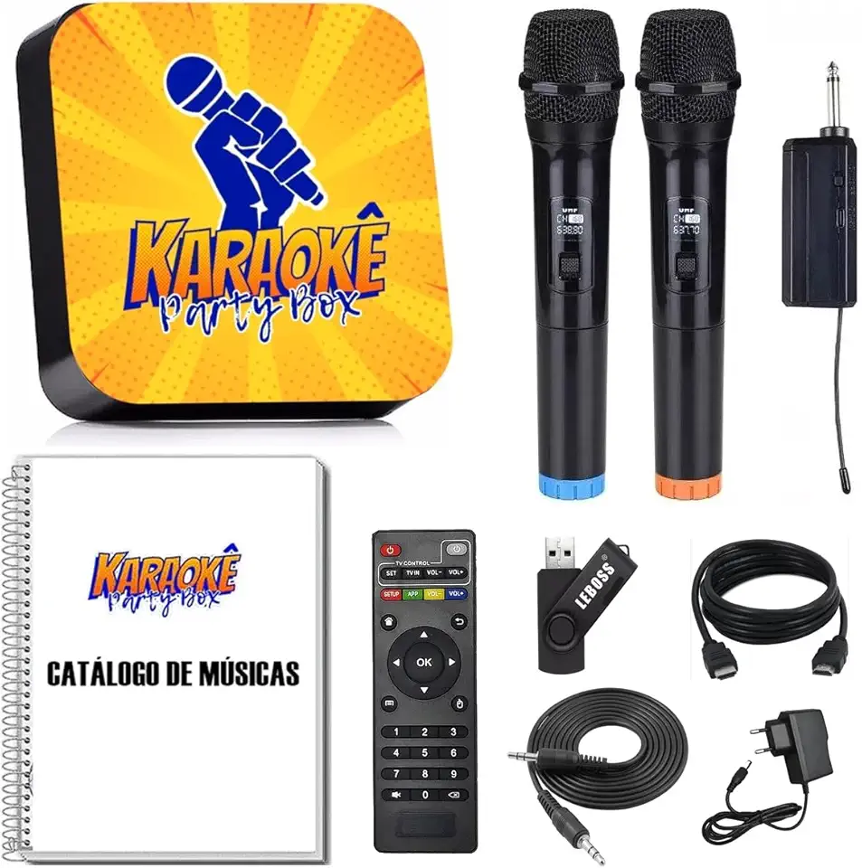 Karaoke Party Box Profissional +2 Microfones Sem Fio +de 2000 Músicas +Catalogo Encadernado (Com Pontuação) (Não Precisa de Internet) ORIGINAL