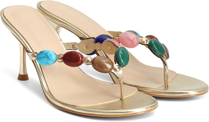 Jeweled Flip Flop Kitten Heels for Women Open Toe Beaded Strappy High Heels Sandals Slip On Thong Heeled Mules Mid Heel Fashion Party Dress Shoes