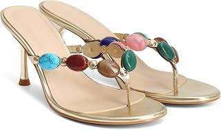 Jeweled Flip Flop Kitten Heels for Women Open Toe Beaded Strappy High Heels Sandals Slip On Thong Heeled Mules Mid Heel Fashion Party Dress Shoes