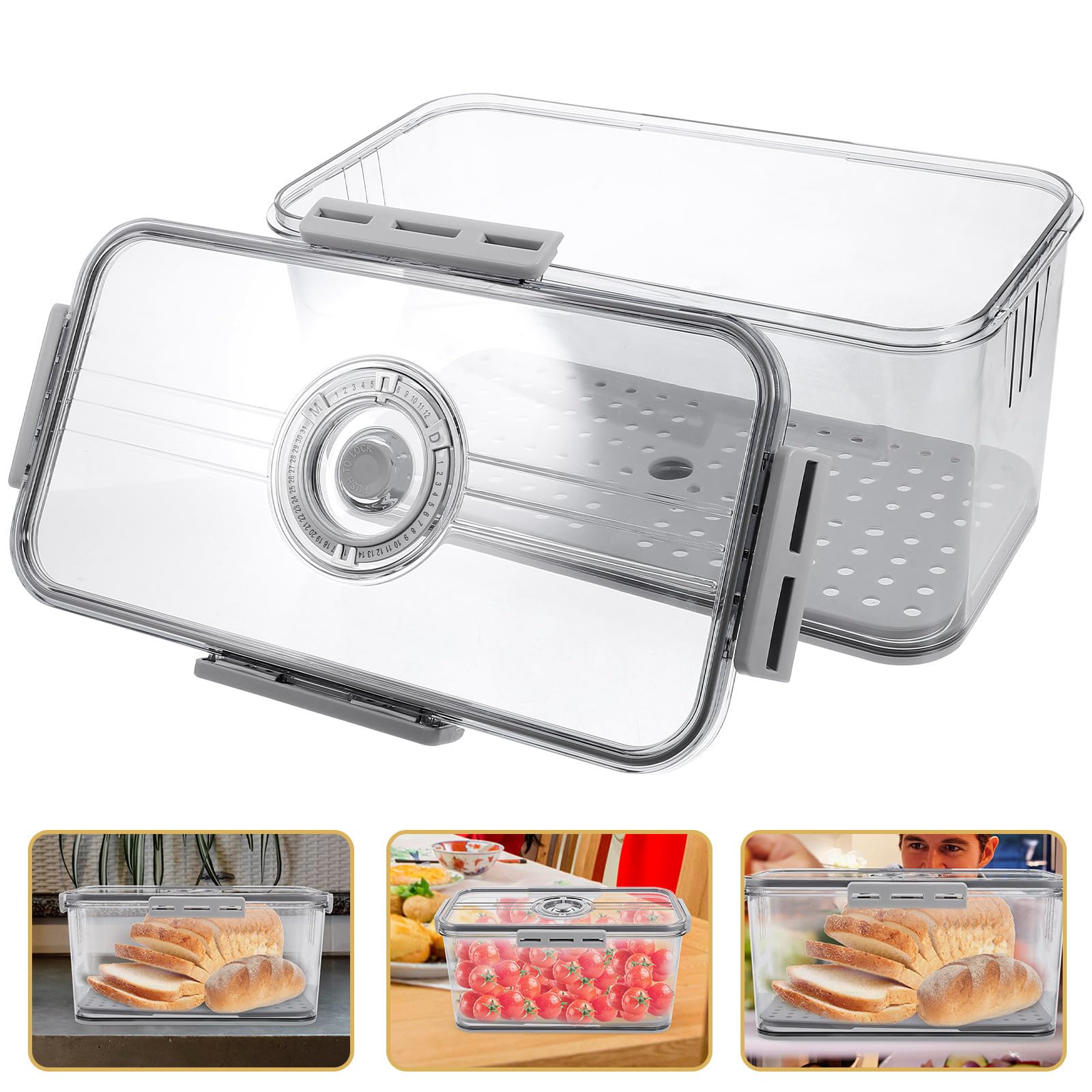 SHINEOFI Contenedor de Alimentos para Refrigerador de 4 Cierres y Sello Hermético, Caja de Pan Gris H-7005 con Dial Temporizador, Almacenamiento de Frutas y Verduras, Organizador