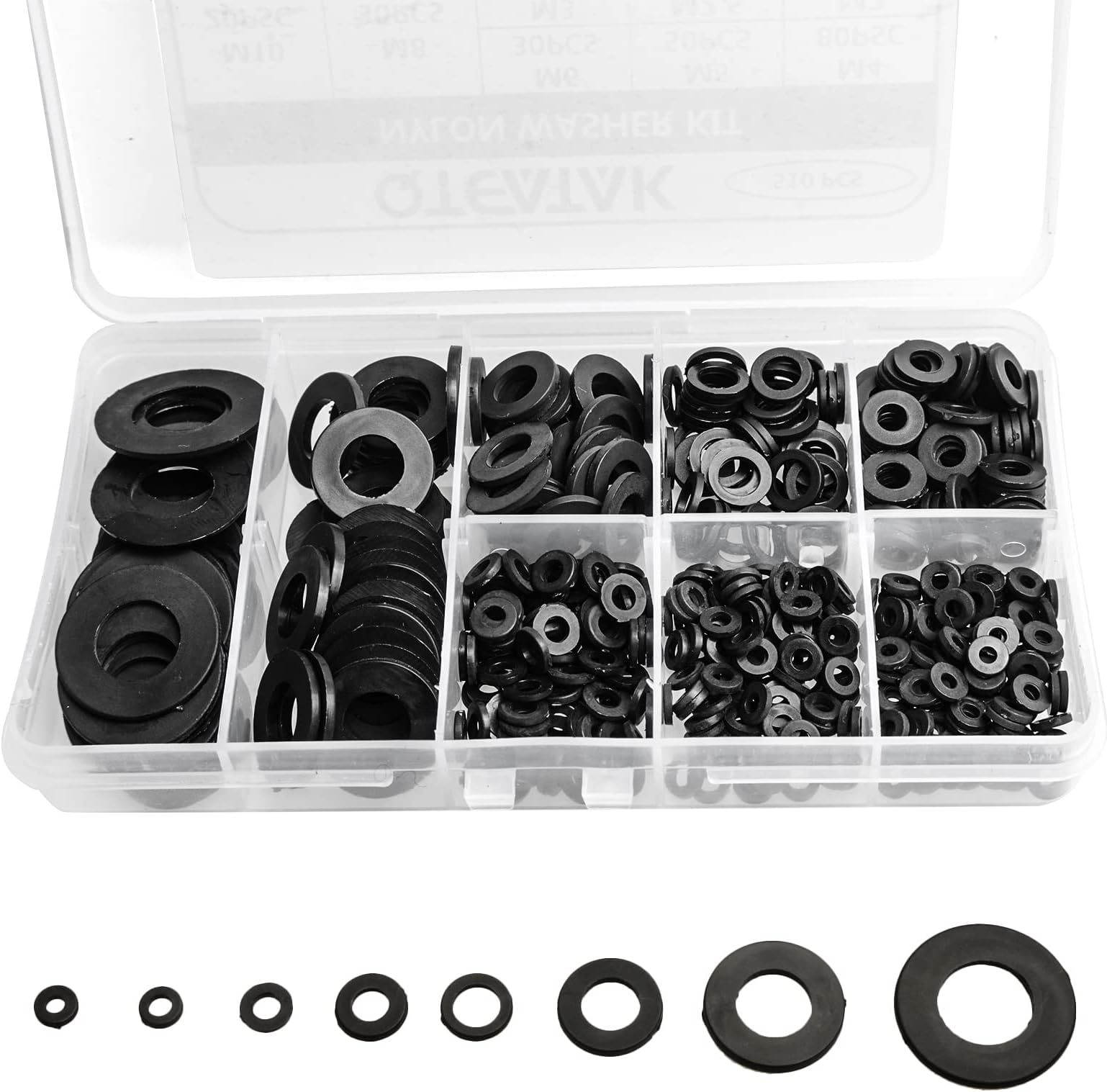 QTEATAK 510 Pcs Black Nylon Flat Washer Assortment Kit for Electrical Connections on Household & Commercial Appliances, (M2 M2.5 M3 M4 M5 M6 M8 M10)