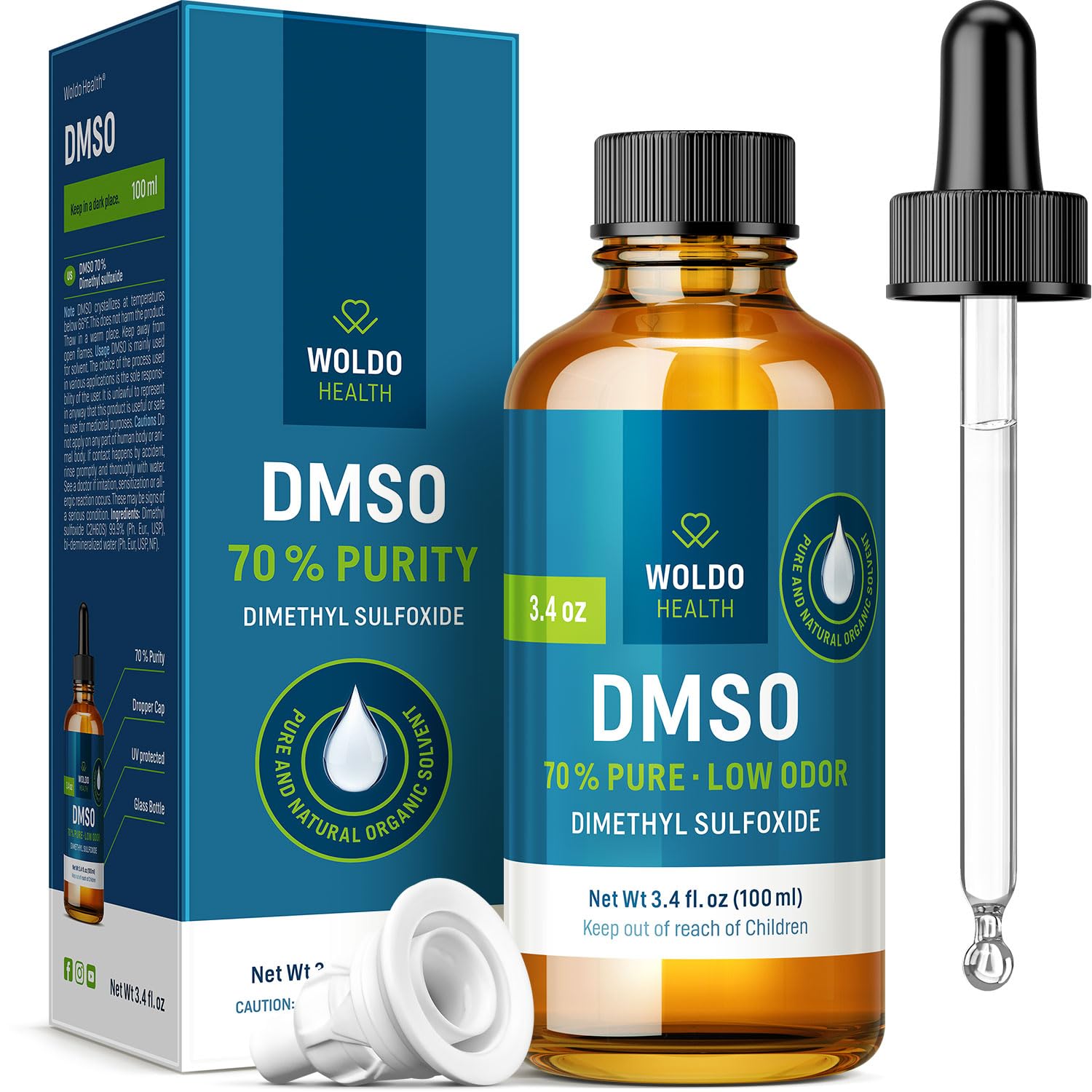 WoldoHealth DMSO 70% with Demineralized Water 30% - Pharmaceutical Grade Glass Bottle 3.38oz with Dropper