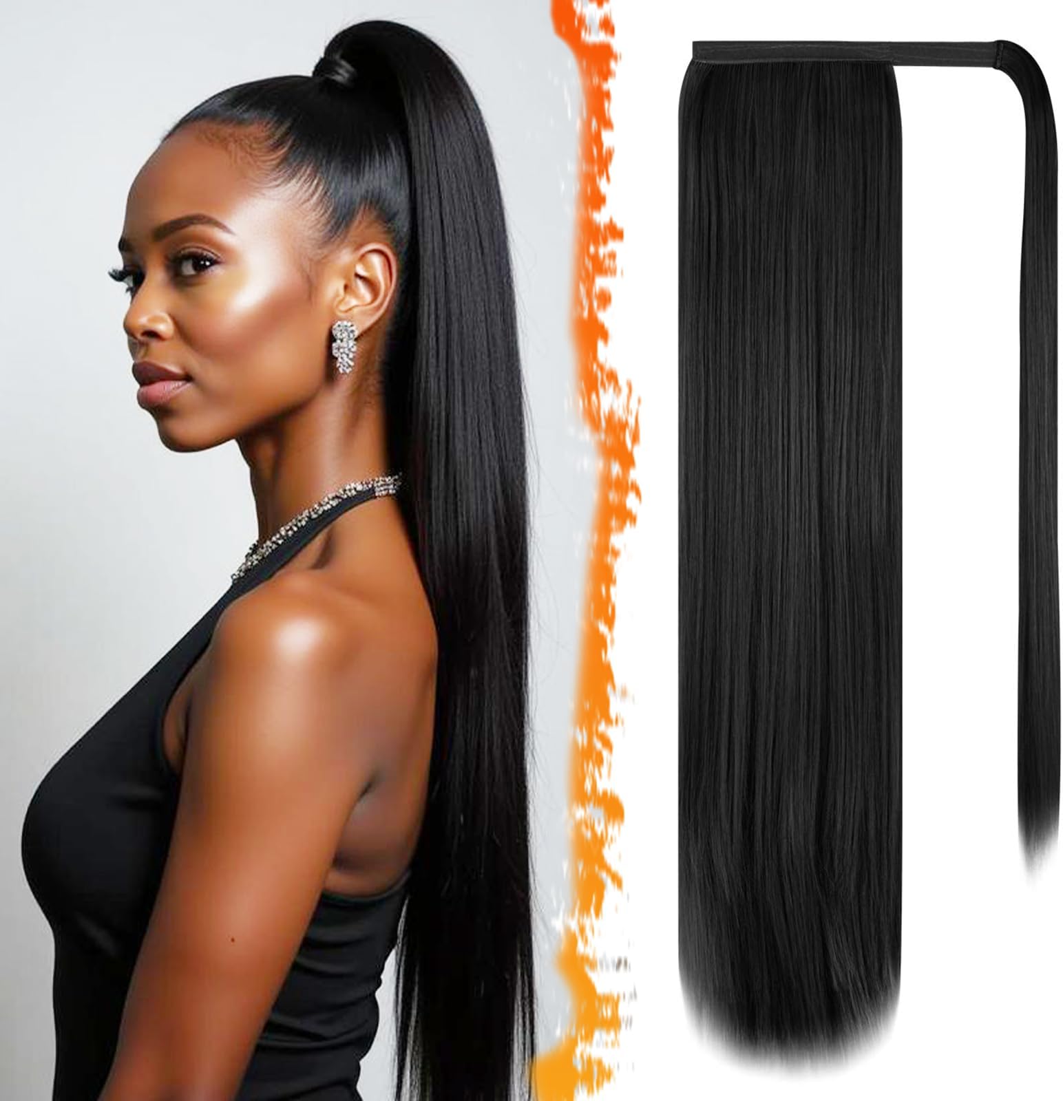BARSDAR Black Straight Wrap Ponytail Extension - 30 Inch Long Straight Wrap Around Ponytail for Black Women, Clip in Ponytails Hair Extensions Synthetic Pony Tails Hairpieces Daily