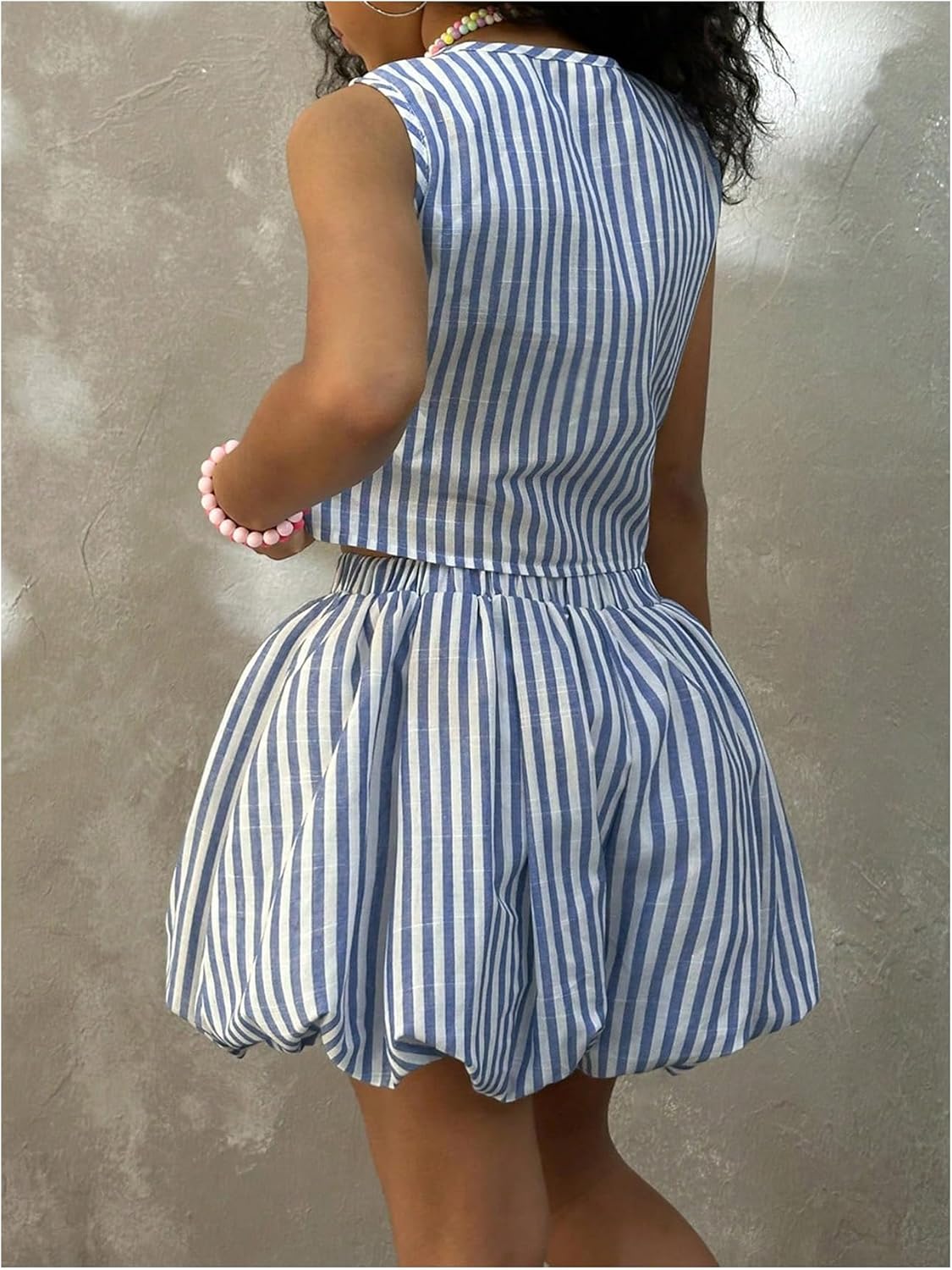 Girl's 2 Piece Striped Vacation Outfits Bow Tie Front Tank Tops and Bubble Skirts Y2K Clothes - Image 3
