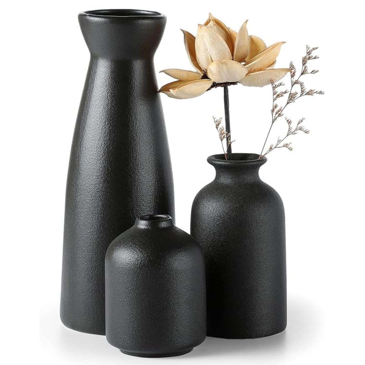 NEAGLORY Ceramic Vases Set 3 for Modern Home Decor, Round Matte Pampas Flower Boho Vases Minimalist Nordic Style for Wedding Dinner Table Party Living Room Office Bedroom, Decorative Gift, Black