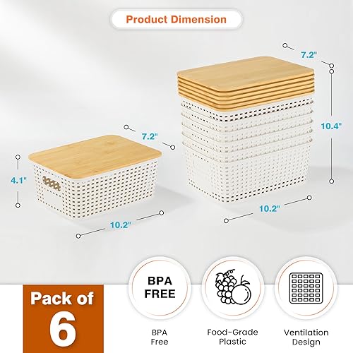 Miniatura 8 de Plastic Storage Baskets With Bamboo Lid - Plastic Storage Containers Stackable Storage bins Storage Baskets for Organizing Shelves Drawers Desktop