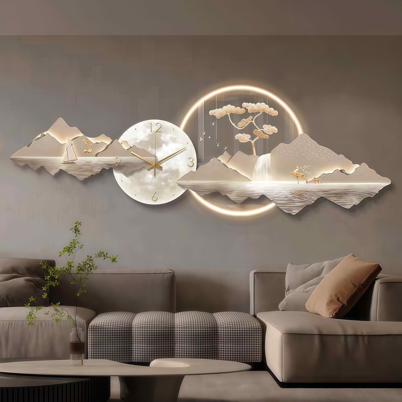Reloj de pared silencioso estilo Art Déco, reloj de acrílico con luz LED, cuadro decorativo para colgar en la pared, ideal para sala de estar, dormitorio, oficina o recibidor.(Wit,150cm/59in)