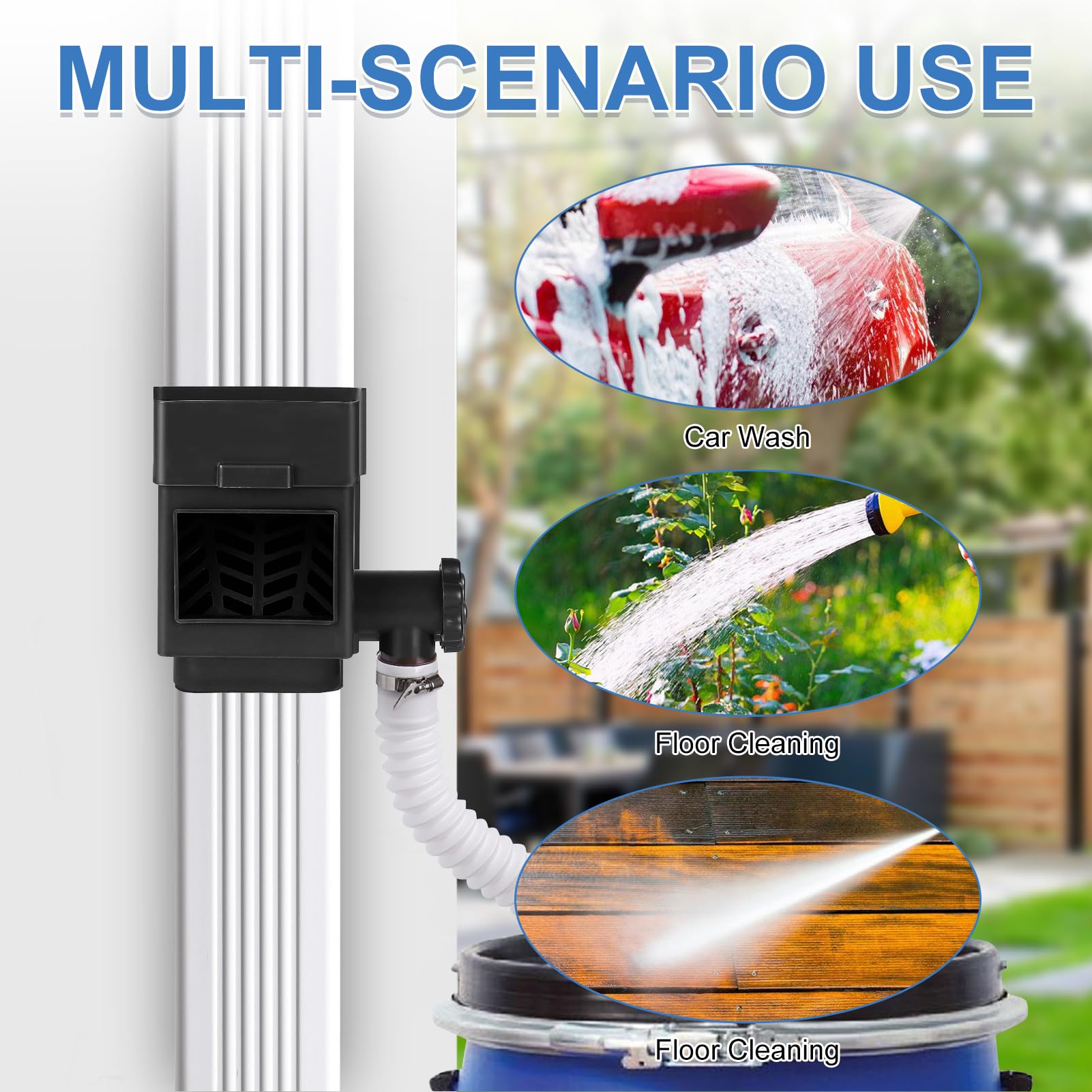 Recolector de agua de lluvia, recolector de lluvia Compatible con tubos de bajada estándar de 2x3 o 3x4 pulgadas, desviador de tubo de bajada con válvula ajustable y filtro, manguera de 1,5 m (Negro)