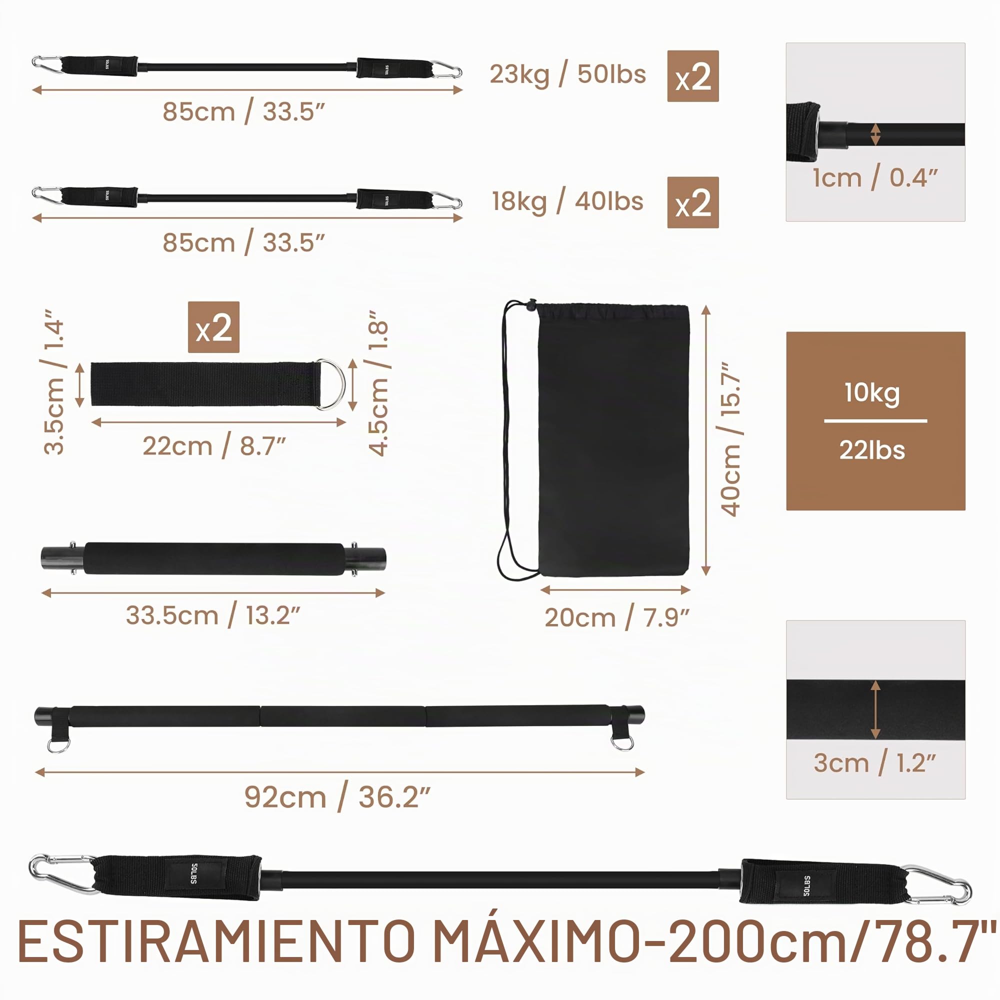 Belle Vous Kit de Entrenamiento en Casa - 1x Barra de Pilates Desmontable y 4X Bandas Elasticas de Musculacion con 2X Agarres y 1x Bolsa - Barras Ligas Cintas de Ejercicio