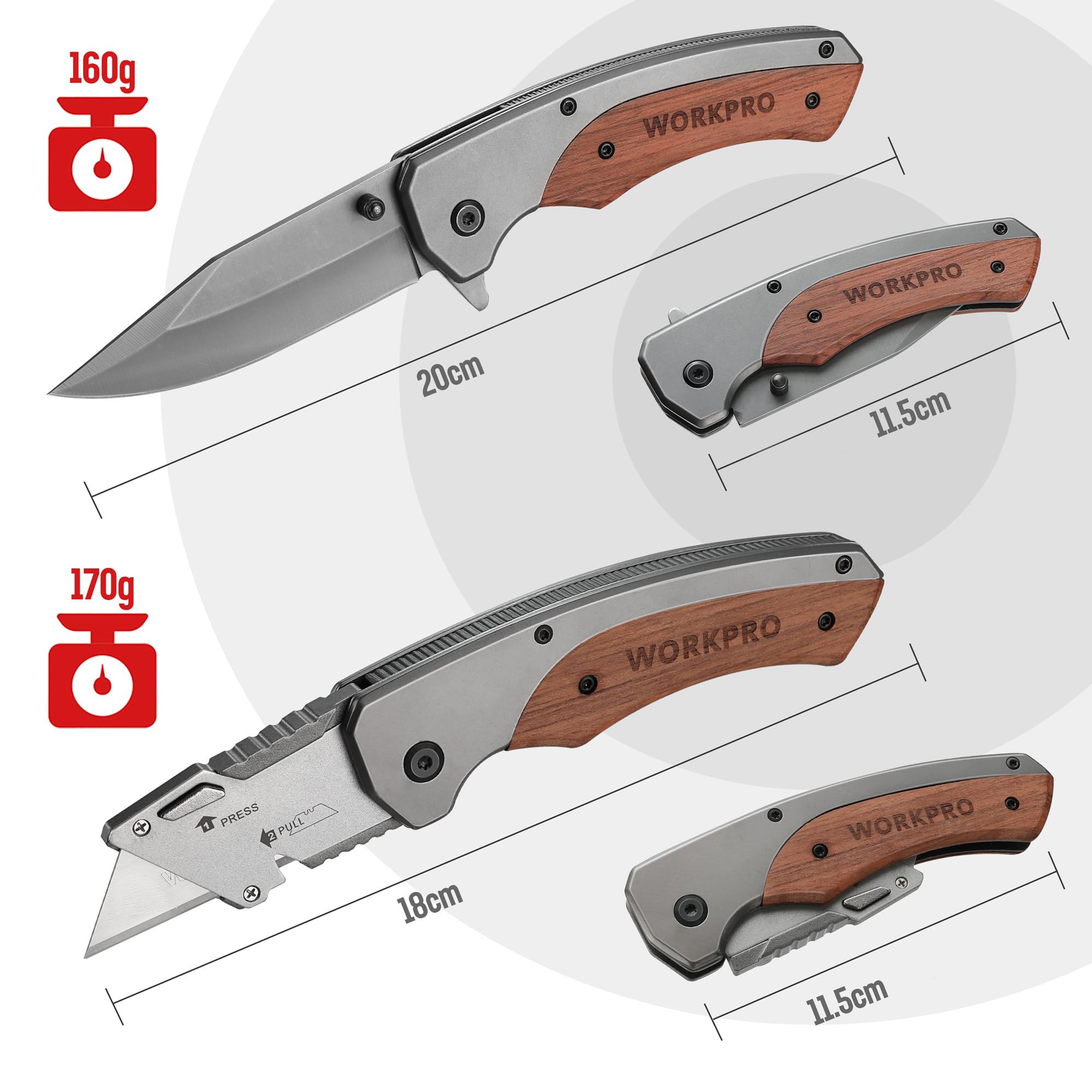 WORKPRO Cúter Plegable y Cuchillo Plegable con Mango Madera, Cuchillo Plegable de Cambio Rápido, con Clip para Cinturón, con 10 Cuchillas SK5, Navaja Plegable para Camping | Cuchillo Plegable de Cambio Rápido con Clip para Cinturón, Incluye 10 Cuchillas S