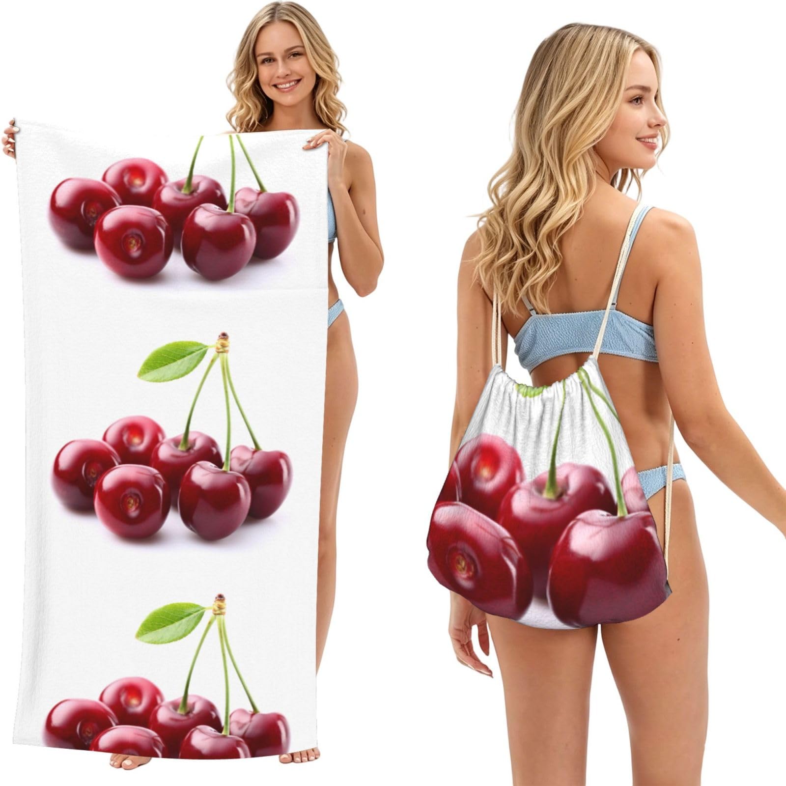 Poadnly As Picture Cute Cherry, 2 In 1 Packable Towel Bag, Beach Towels With Drawstring Backpack For Travel Holiday Camping