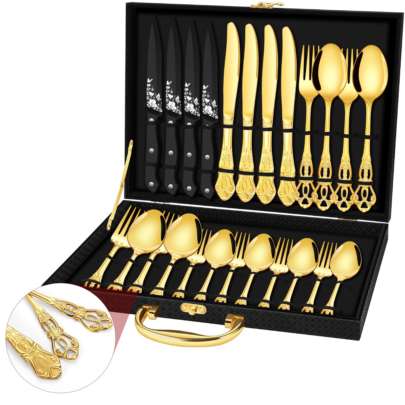 EUIRIO Royal Gold Silverware Set for 4, 24 Pieces Stainless Steel Flatware Set, Cutlery Set Include Forks Spoons Knives and Silverware Gift Box with Handle for Holiday Present, Dishwasher Safe