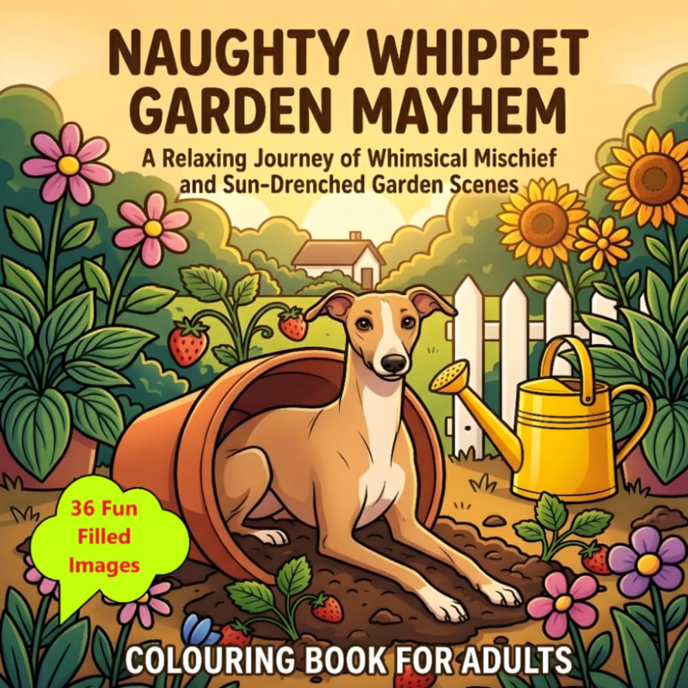 Naughty Whippet Garden Mayhem: A Cozy Adult Colouring Book: A Relaxing Journey of Whimsical Mischief and Sun-Drenched Garden Scenes