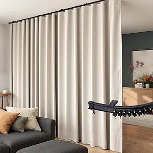 Room Divider Curtains Flexible Ceiling Tracks Set Curtain Track Ceiling Mount Blackout Curtain for Living Room Bedroom Ceiling Curtain Rod Privacy Dividers Panels W180 x H96 Beige Drape & Black Rail