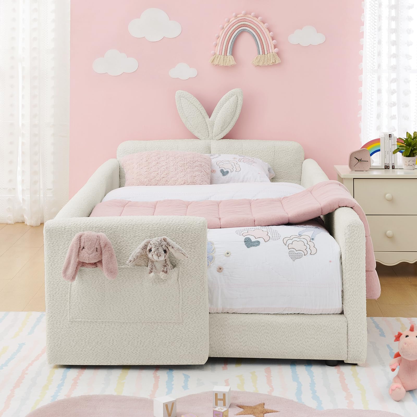 Twin Size Kids Bed with Rabbit Ear Headboard, Upholstered Boucle Fabric Twin Daybed with Slats Support &amp; Side Pockets, Space-Saving Wooden Corner Sofa Couch Bed Frame for Girls, Boys, Teenager(Beige)