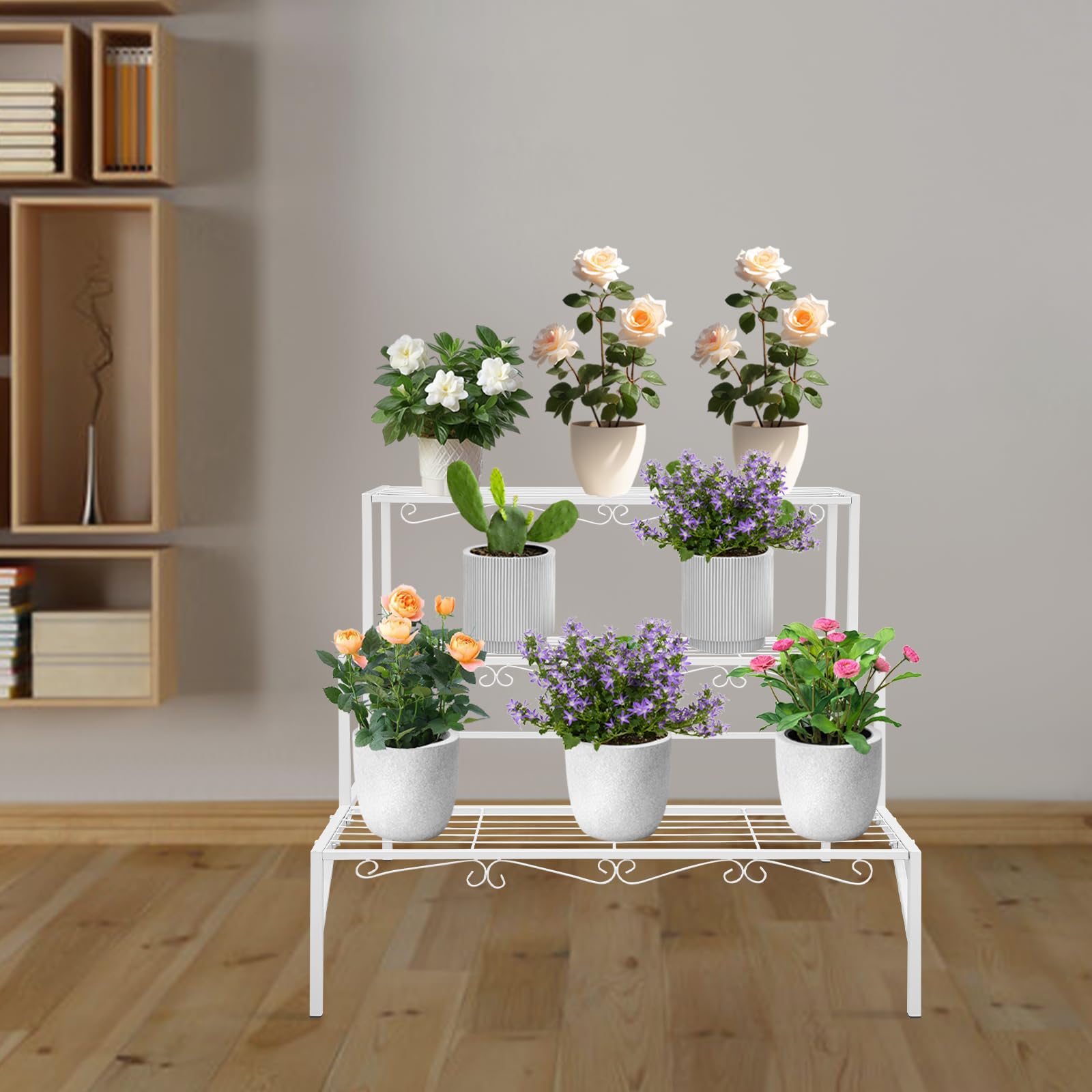Support pour Plantes en Métal 3 Niveaux, Étagère Échelle à Fleurs, Charge 20 kg par Niveau, Patins Antidérapants, Présentoir Plantes Pour Balcon, Terrasse, Jardin et Intérieur (Blanc)