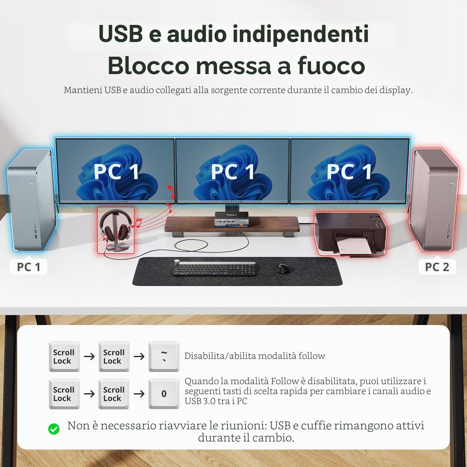 TESmart KVM Switch DisplayPort 8K 60Hz 2 PC 3 Monitor, Docking Station KVM USB 3.0 per Desktop e Laptop, Monitor Triplo DP 1.4, 4K 144Hz, Emulatore EDID, Rete Gigabit, HDR10, Cavi Inclusi