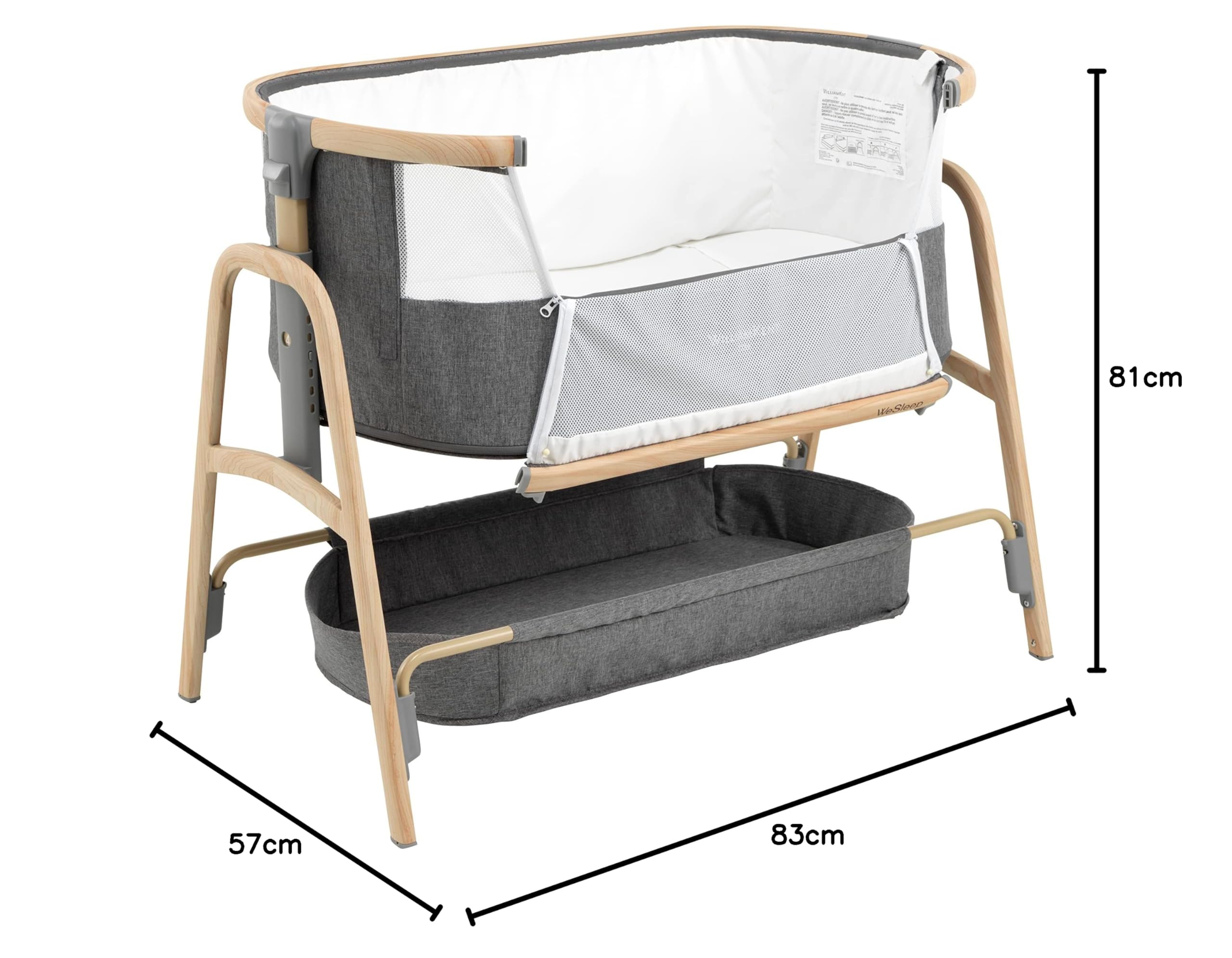 Lit bébé cododo Wesleep William Kent avec matelas 2,5cm, hauteur réglable 7 niveaux, fenêtre filet et sangles, panier rangement