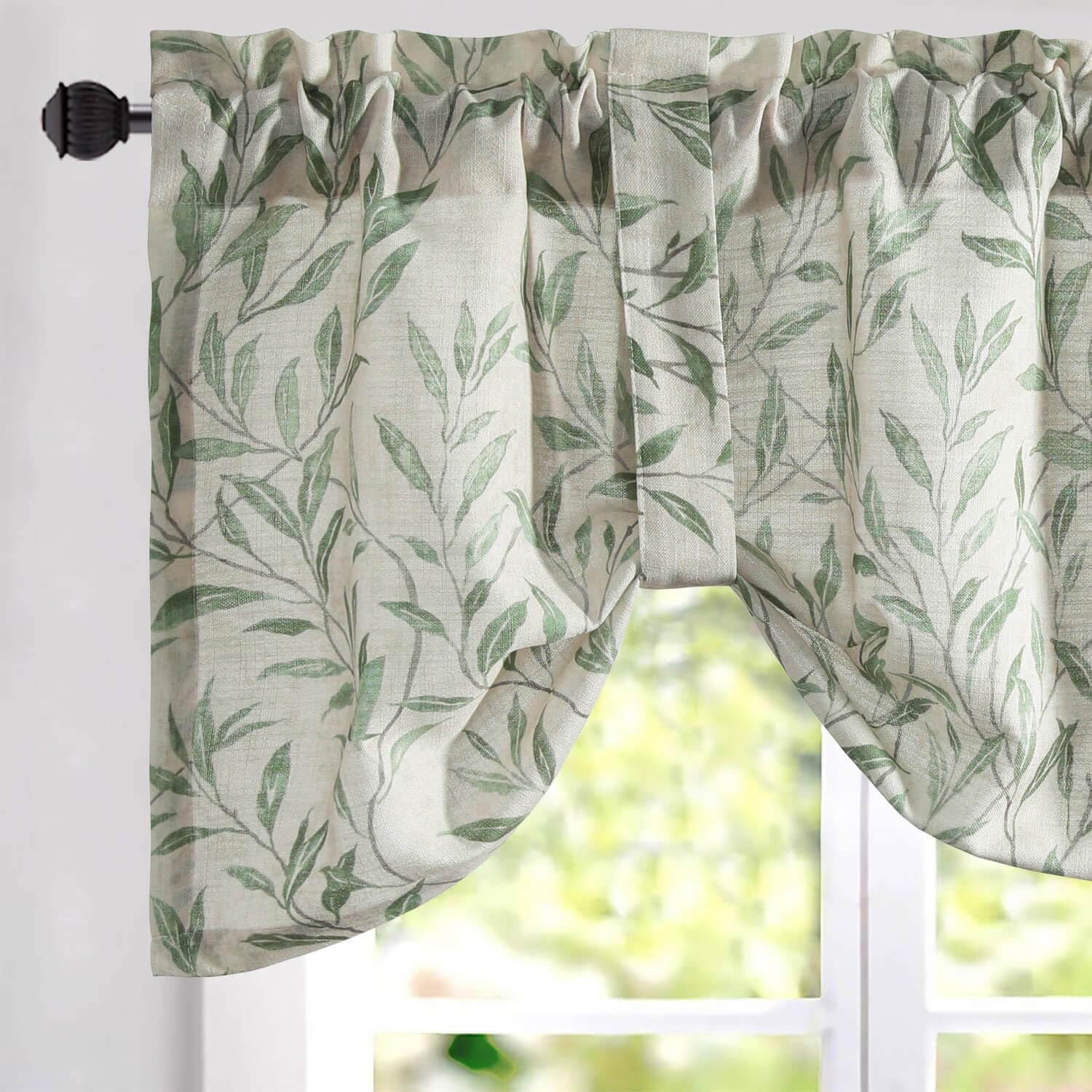 VOGOL Tie Up Adjustable Kitchen Valance, Green Leaves,52×18", 1 Panel