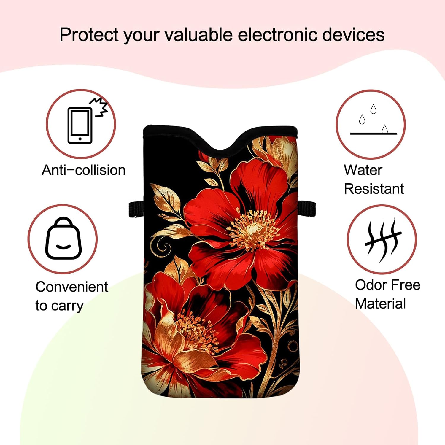 Men Women Neoprene Cell Phone Sleeve Pouch Case Bag with Crossbody Strap/Neck Lanyard 7.5 X 4.3 in (Red Floral Pattern)