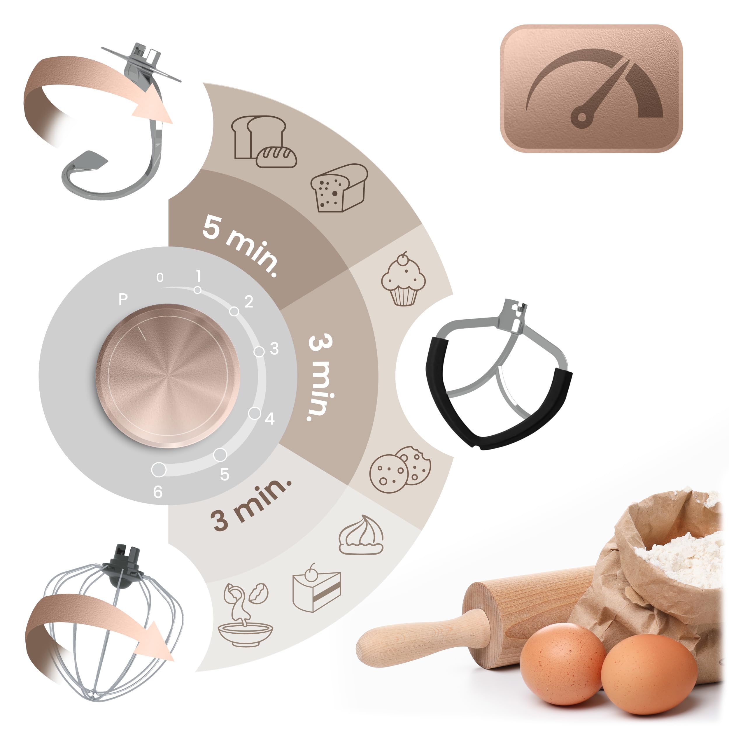 Berdsen Küchenmaschine 1400W - Küchengeräte Mixer - Edelstahlschüssel 6 L - Multifunktional - 6 Geschwindigkeitsstufen - Schwarz Gold