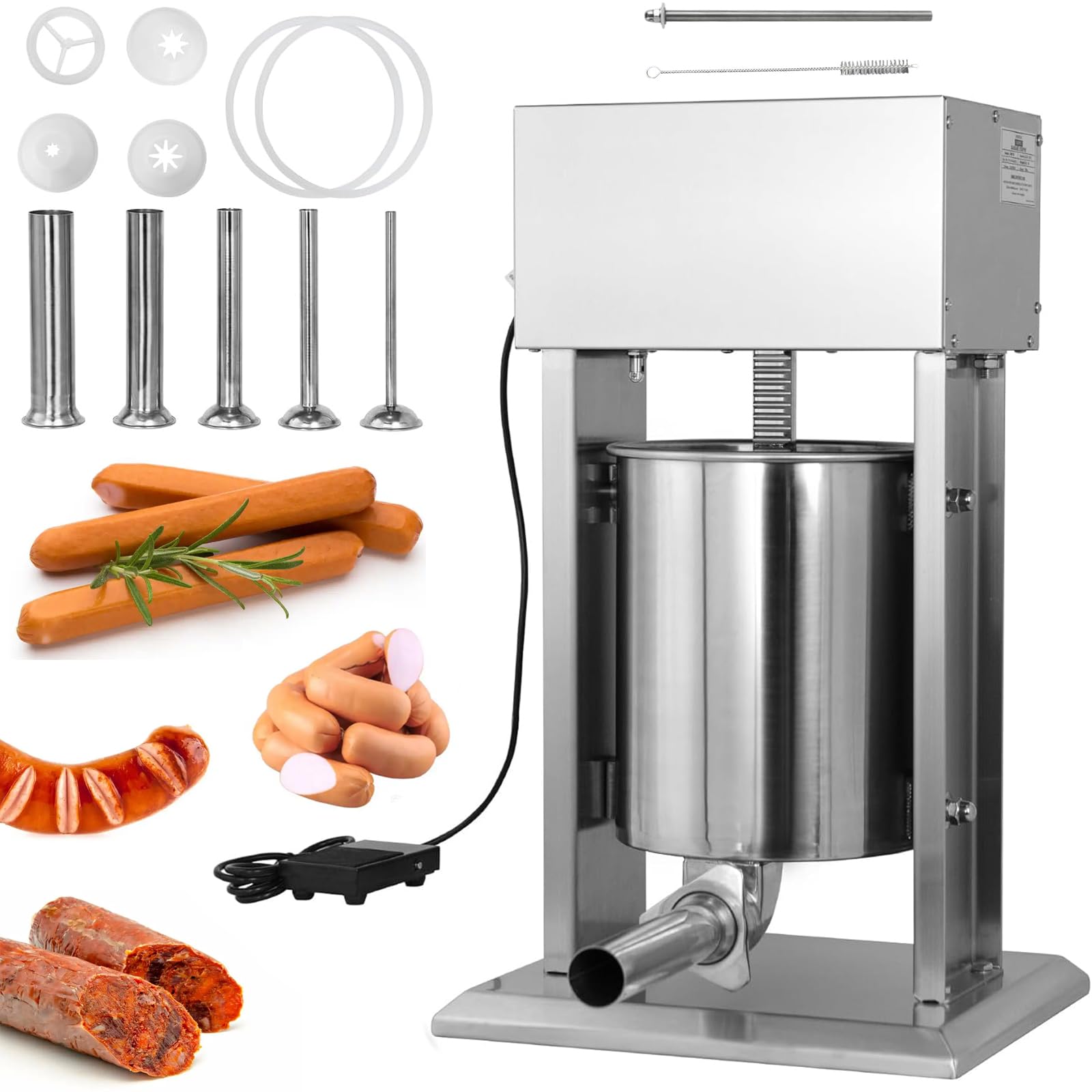 Riempitore manuale per salsicce, in acciaio inossidabile di grado commerciale, riempitore di carne a doppia velocità con pedale e controllo della velocità, 5 tubi per uso domestico e ristorante